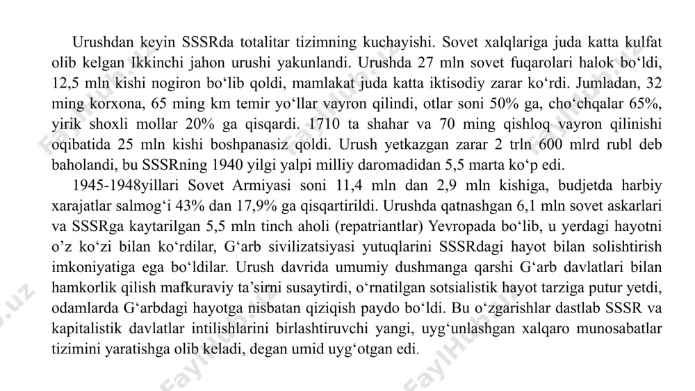 evropani ta’sir zonasiga aylantirish borasida tinimsiz harakatlar olib bordi. 1945 yilga kelib sharqiy yevropa mamlakatlarining nafaqat tashqi, balki ichki siyosati ham sovetlar tomonidan qattiq nazorat qilinayotgan edi. xalqaro miqyosda sssrning roli keskin oshganligiga, u dunyoning qudratli davlatlaridan biriga aylanganiga qaramasdan, urush sovet xalqi uchun juda qimmatga tushdi. sssrning eng rivojlangan hududlari vayron qilindi. asosiy g‘alla yetishtiruvchi hududlar — ukraina, shimoliy kavkaz va volgabo‘yining katta qismi urush olovida qoldi. shunchalar ko‘p hudud vayron qilindiki, ularni tiklash bir necha o‘n yillarga cho‘zilishi mumkin edi. deyarli har bir sovet oilasi yaqin kishisidan ayrildi. urushdan keyingi vayrongarchilik, xo‘jalikni tiklash mashaqqatlari ustiga 1946 yilgi qurg‘oqchilik ham qo‘shilib, ahvolni yanada murakkablashtirdi. 1 mln kishi ochlikdan vafot etdi. ammo ocharchilik rasman tan olinmadi. stalin qishloq xo‘jaligiga asosan sanoat va shaharlarni tiklash uchun manba sifatida qaradi, dehqonlarning ayanchli ahvoliga e’tibor qaratmadi. kolxozchilar hanuz maxsus ruxsatsiz yashash joylarini tark eta olmasdi. natijada dehqon xo‘jaliklari va dehqonchilik an’analari yo‘q bo‘lib …