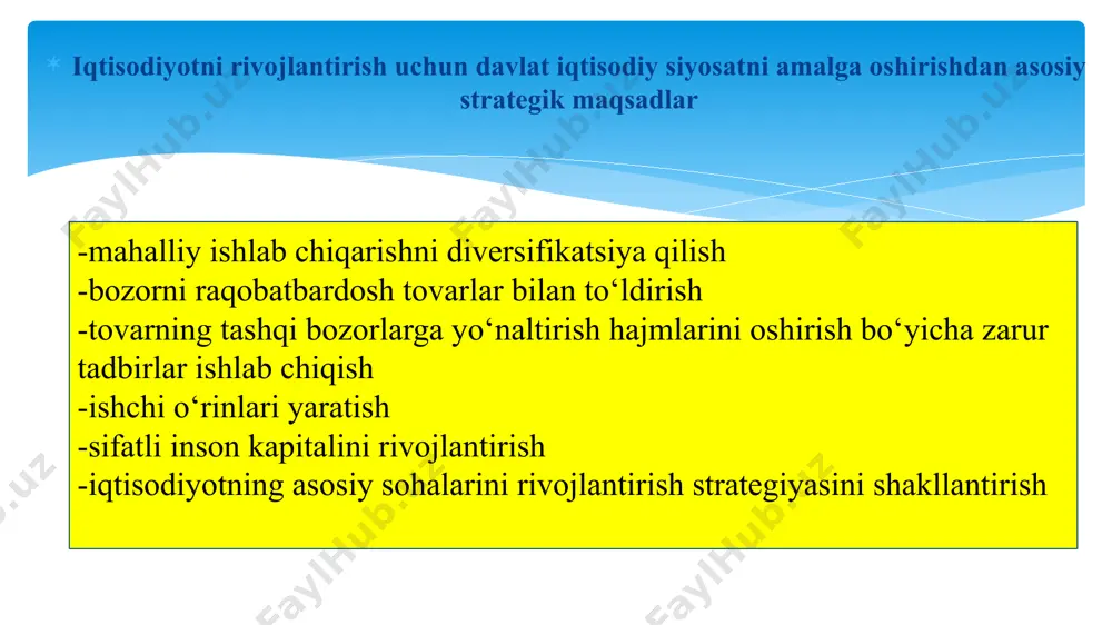 tartibga solish davlatning yangi iqtisodiy funksiyalari 1.ilmiy tadqiqot ishlarini qo’llab - quvvatlash 2.insoniyatning global muammolarini hal qilish 3.ekologik inqirozlarga qarshi kurashish 4.iqtisodiy jihatdan orqada qolishni bartaraf etish jahondagi global o’zgarishlar va yangi iqtisodiyotgaga o’tish jarayonlarining tezlashishi oqibatida davlatning yangi iqtisodiy funksiyalari paydo bo’la boshladi 5.raqamli iqtisodiyotning ko’lamini kengaytirish 3. давлатнинг иқтисодий сиёсатини амалга ошириш механизми қуйидаги чора-тадбирлардан иборат: - ташкилий-бошқарув; - меъёрий-ҳуқуқий; - молиявий-иқтисодий; - ижтимоий-психологик. давлатнинг иқтисодий сиёсатининг таъсир этиш усуллар маъмурий иқтисодий институционал давлат иқтисодий сиёсатининг амалга ошириш дастаклари дис йўналишлари 1.молиявий 3.ташқи- иқтисодий 4.инвестицион 2.илмий-техник (инновацион) 5.ижтимоий солиқ сиёсати – солиқларни жорий этиш, солиққа оид ҳуқуқий база яратиш, жорий этилган солиқларнинг амалиётда ишлаш механизмини шакллантириш ва самарадорлигини оширишга қаратилган давлатнинг тегишли ваколатли органлари томонидан комплекс тарзда олиб бориладиган чора-тадбирлар йиғиндисидир. фискал сиёсатнинг муҳим қисми солиқ сиёсатидир 1.фискал мақсад – ижтимоий-иқтисодий ривожланишнинг умумдавлат, ҳудудий ва маҳаллий дастурларини молиялаштириш мақсадида миллий даромаднинг бир қисмини бюджет тизимига жалб этиш; 2.иқтисодий …