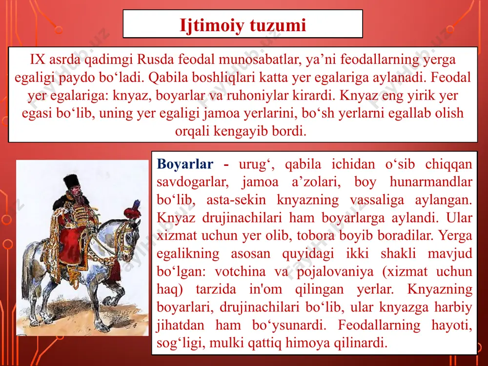 tabaqa edi. cherkov va monastirlar knyazlarning in'omi va mukofoti hisobiga yerga egalik qilardi. galich-volin knyazligida qishloq aholisining asosiy qismini dehqonlar tashkil etgan. ozod dehqonlar ham, qaram dehqonlar ham smerdlar deb atalardi. jamoa yerlari asta-sekin shaxsiy tomorqalarga bo‘linib ketdi. xoloplik saqlanib qoldi, lekin ularning soni kamayib ketdi. xoloplar-ning ko‘pchiligi yerga biriktirib qo‘yildi. shaharlarda eng ko‘p aholini hunarmandlar tashkil etdi. davlat tuzumining hususiyati shunda ediki, galich-volin knyazligi uzoq vaqt udellarga bo‘linmagan edi. roman mstislavichning o‘g‘li danil romanovich o‘lganidan (1264 yilda) keyin u galich va volin yerlariga ajraldi, keyin ular ham udellarga bo‘linib ketdi. bu davrda hoki-miyat amalda yirik boyarlar qo‘lida edi. galich-volin knyazlari keng iqtisodiy va ijtimoiy asosga ega bo‘lmay, ularning hokimiyati mustahkam emas edi. knyazlik hokimiyati katta o‘g‘ilga meros bo‘lib o‘tardi. knyaz hokimiyati uncha kuchli emasdi. galich boyarlari siyosiy hayotda muhim rol o‘ynardi. ular hatto knyazlarni saylashi, o‘zlariga yoqmagan knyazlarni haydab yuborishlari mumkin edi. knyazlarning asosiy tayanchi o‘rta va mayda feodallar, …