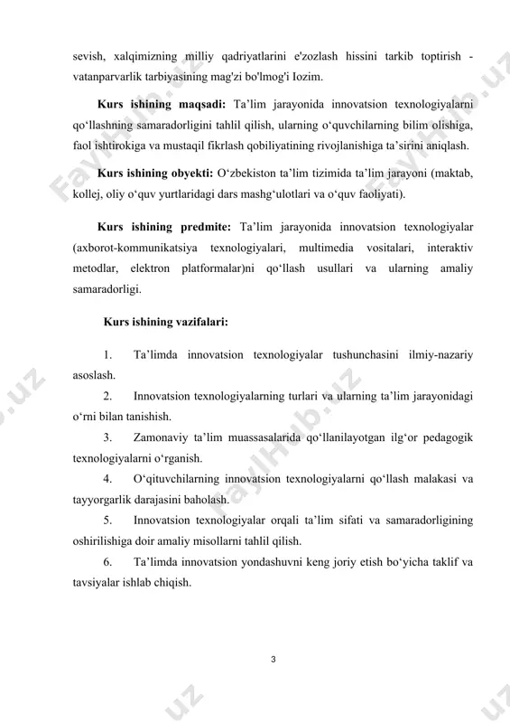 aradorligining oshirilishiga doir amaliy misollarni tahlil qilish. 6. ta’limda innovatsion yondashuvni keng joriy etish bo‘yicha taklif va tavsiyalar ishlab chiqish. i-bob inovatsion tarbiya texnologiyalari va ularning o’ziga xos xususiyatlari 1.1 inovatsion tarbiya texnologiyalarining mohiyati pedagogika innovatsion tarbiya texnologiyalari asosida o‘quvchi-yoshlarni ma’naviy-axloqiy sifatlarini tarbiyalash jarayonida quyidagi bilim, ko‘nikma va malakalarga ega bo‘ladilar. ular qatoriga quyidagilarni kiritish mumkin: -axborotlarni saqlash, qayta ishlash, tarqatish va namoyish qilish tamoyillarini bilishi; -tarbiyaviy jarayonda qo‘llashi mumkin bo‘lgan texnik vositalar va ularning tavsiflarini bilishi; -ta’lim-tarbiya jarayoni va ilmiy izlanishlarda internetdan foydalanishi; -tarbiya jarayonida kompyuter texnikasidan foydalanish metodologiyasini bilishi; -multimediali hujjat va loyihalarni yaratishni bilishi; -kompyuter tarmoqlari orqali olinadigan axborot xizmatlari turlarini tavsiflashi; -elektron pochta ishining asosiy tamoyillarini tushunishi; tarbiyaviy jarayonni tashkil etishda tarbiya texnologiyalaridan foydalanishi; tarbiyaviy jarayonni tashkil etishda tarbiya texnologiyalarini joriy etishning maqsadi, mazmuni va vazifalarini bilishi; tarbiyaviy jarayonni tashkil etishning didaktik tamoyillarini bilishi; tarbiya texnologiyalaridan darsdan tashqari mashg‘ulotlarni tashkil etishi va uning mazmunini yarata olishi; …