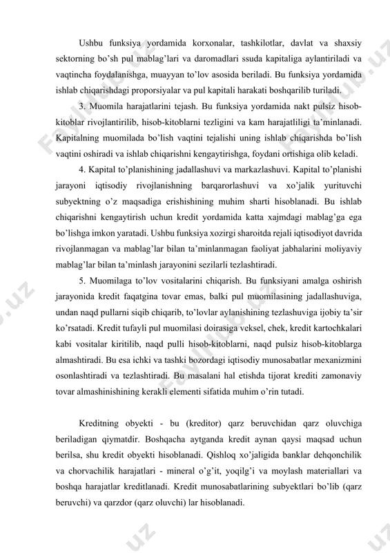 diy munosabatlar mexanizmini osonlashtiradi va tezlashtiradi. bu masalani hal etishda tijorat krediti zamonaviy tovar almashinishining kerakli elementi sifatida muhim o’rin tutadi. kreditning obyekti - bu (kreditor) qarz beruvchidan qarz oluvchiga beriladigan qiymatdir. boshqacha aytganda kredit aynan qaysi maqsad uchun berilsa, shu kredit obyekti hisoblanadi. qishloq xo’jaligida banklar dehqonchilik va chorvachilik harajatlari - mineral o’g’it, yoqilg’i va moylash materiallari va boshqa harajatlar kreditlanadi. kredit munosabatlarining subyektlari bo’lib (qarz beruvchi) va qarzdor (qarz oluvchi) lar hisoblanadi. boshqacha aytganda kreditlash subyektlari bo’lib davlat korxona va tashkilotlari, qurilish tashkilotlari, savdo tashkilotlari, fermer va shirkat xo’jaliklari, yakka mehnat faoliyati bilan shug’ullanuvchi tadbirkorlar, qo’shma korxonalar, mikro firmalar, birlashmalar, tijorat banklar va boshqalar hisoblanadi. yuqoridagi subyektlar kredit oluvchi sifatida faoliyat ko’rsatsa, tijorat banklari yoki boshqa kredit muassasalari kredit beruvchi subyekt sifatida namoyon bo’ladi. 2. kredit munosabatlari rivojlanishining asosiy bosqichlari. kredit resurslari. o’zining tarixiy rivojlanishida kredit quyidagi bosqichlarni bosib o’tgan: boshlang’ich shakllanish. bu bosqichning asosiy belgisi ssuda kapitali …