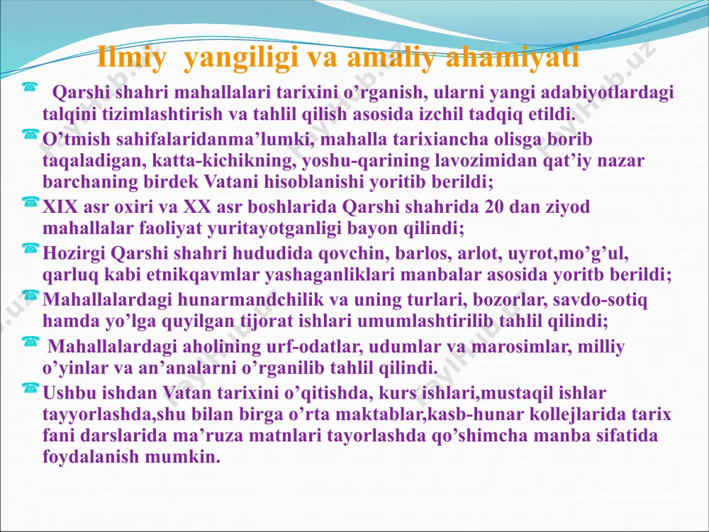 ar asosida o’rganib quyidagi xulosalarga kelindi: qarshidagi faoliyat yuritayotgan mahllalarning o’tmishi manbalar asosida ochib berildi; qarshi shahri aholisinig shakllanishi turki xil xalqlar va etnik qavmlardan tashkil topganligi ma’lum bo’ldi; qarshi shahridagi boyguzari, holvogar,eronguzar, qozixona, temirchi, uymovut, xitoy, qo’rg’oncha, zog’za,buzrobot, beshgumbaz, ko’kcha, zargar singari mahallalarida bozorlar bo’lganligi yoritldi; qarshi shahridagi ko’pgina mahallalarida yashayotgan aholining marosim va bayramlari inson hayotining uzviy qismi hisoblanib, har bir kishining shaxsiy hayotida shunday muhim voqealar, o‘ziga xos tantana va bayram tarzida nishonlanishi ilmiy tahlil etildi. e’tiboringiz uchun rahmat! image4.png image5.jpeg image6.jpeg image7.jpeg image8.png image9.png image10.png image11.png image12.png image2.jpeg