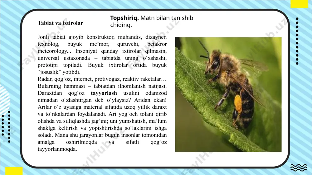 p://www.1ppt.com/moban/ ………… ……… …… 37.1-mashq. matnni tushunish bo‘yicha tuzilgan quyidagi test savollarining to‘g‘ri javobini toping 4-test. matnda qaysi sohaga oid ixtiroga inson tana tuzilishi asos bo‘lgani bayon qilingan? a tibbiyot b dizayn c arxitektura d robototexnika 12 ………… ……… …… felning nisbat shakllari ………… ……… …… ………… ……… …… ………… ……… …… e’tiboringiz uchun rahmat! 16 image1.png image2.png image3.png image4.png image5.png image6.png image7.png image8.png image9.png image10.png image11.png image12.png image13.jpeg image14.png image15.jpeg image16.png image17.png image18.png image19.png image20.png image21.png /docprops/thumbnail.jpeg