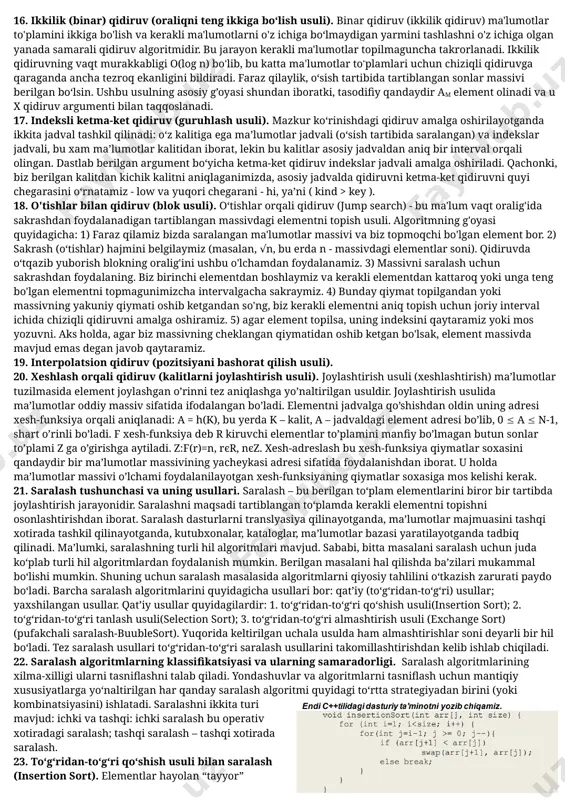 avjud turlar asosida yaratilgan strukturalangan tur hisoblanadi. klasslar lokal va global o‘zgaruvchilar va ular ustida amal bajaradigan funksiyalar to‘plamidan iborat bo‘lishi mumkin. klasslar quyidagicha tasvirlanadi: class klass_nomi{ ; ; }; f) ob’yekt – bu xususiyatlar va attributlariga ega bo’lgan va bu xususiyatlarga qiymat qabul qilishi mumkin bo’lgan tuzilma xisoblanadi. masalan, talaba bu ob’ekt deb qaralishi mumkin tuzilma. ob’yektlarni fayl oqimi yoki classing nusxa o‘zgaruvchilar hisoblanadi. 8. statik va dinamik massivlar. massivlar (arrays) - bu indekslarga mos keladigan tartibda joylashtirilgan belgilangan miqdordagi elementlarni o'z ichiga olgan ma'lumotlar tuzilmalari. massivning o'lchami uni yaratishda o'rnatiladi. statik massiv dasturda doimiylar yoki o'zgaruvchi bilan, dinamik esa ko'rsatgich va uning statik xotira ajratilishi orqali aniqlanadi. statik massiv - bu kompilyatsiya bosqichida aniqlanadigan va dastur bajarilayotganda o'zgartirilishi mumkin bo'lmagan massiv. statik deganimizda xotirada egallagan joyi o‘zgarmas, dastur boshida beriladigan strukturalarni nazarda tutamiz. statik massivlar elementlar soni oldindan ma’lum bo‘lgan va initsializatsiyalangan (qiymat belgilangan) massivlar hisoblanadi. bir o‘lchamli …