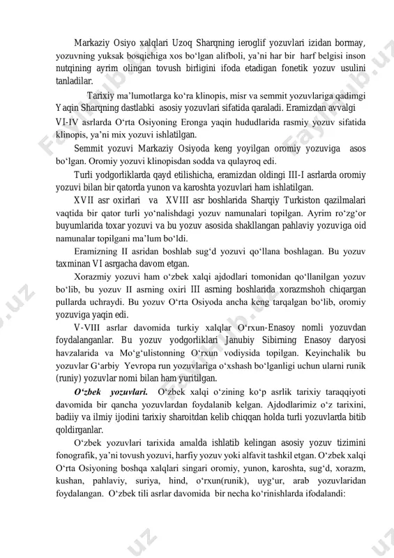 rni, keyinroq ayrim tovushlarni biror belgi bilan ifodalash usuli edi. xalqlar hozirgi kungacha yetib kelgan fonetik yozuvning turli – lotin, arman, gruzin, slavyan, arab yozuvlarini yaratganlar. qadimgi yozuvlar tosh, suyak, yog‘och, qamish kabi qattiq jismlarga, papirus, pergament, shoyi, keyinchalik qog‘ozga yozilgan. yozuvlar o‘ngdan chapga, chapdan o‘ngga yoki yuqoridan pastga qarab o‘qilishi mumkin bo‘lgan. markaziy osiyo xalqlari uzoq sharqning ieroglif yozuvlari izidan bormay, yozuvning yuksak bosqichiga xos bo‘lgan alifboli, ya’ni har bir harf belgisi inson nutqining ayrim olingan tovush birligini ifoda etadigan fonetik yozuv usulini tanladilar. tarixiy ma’lumotlarga ko‘ra klinopis, misr va semmit yozuvlariga qadimgi yaqin sharqning dastlabki asosiy yozuvlari sifatida qaraladi. eramizdan avvalgi vi-iv asrlarda o‘rta osiyoning eronga yaqin hududlarida rasmiy yozuv sifatida klinopis, ya’ni mix yozuvi ishlatilgan. semmit yozuvi markaziy osiyoda keng yoyilgan oromiy yozuviga asos bo‘lgan. oromiy yozuvi klinopisdan sodda va qulayroq edi. turli yodgorliklarda qayd etilishicha, eramizdan oldingi iii-i asrlarda oromiy yozuvi bilan bir qatorda yunon va …