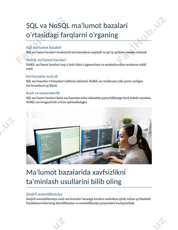 nuvchilarga taqdim etiladi. amaliyotda qo'llanilishi katta ma'lumotlar tizimlari tibbiyotdan marketinggacha bo'lgan ko'plab sohalarda qo'llaniladi. ular biznes qarorlarini qabul qilishda yordam beradi va foydalanuvchilar bilan samarali muloqotni ta'minlaydi. ma'lumot bazalarini boshqarish tizimlarining asosiy funktsiyalarini bilib oling ma'lumotlarni saqlash ma'lumot bazalari ma'lumotlarni tizimli ravishda saqlash va boshqarish uchun mo'ljallangan ma'lumotlarni qidirish foydalanuvchilar ma'lumotlarni tezda va samarali ravishda izlash imkoniga ega ma'lumotlarni yangilash ma'lumotlar doimiy ravishda yangilanadi va tahrir qilinadi ma'lumotlarni tarqatish ma'lumot bazalari ma'lumotlarni turli foydalanuvchilar o'rtasida tarqatish imkonini beradi 1. ma'lumot bazalari nima? a) faqat grafik maʼlumotlarni saqlash tizimi b) foydalanuvchi uchun qulay interfeysga ega dasturiy taʼminot c) maʼlumotlarni saqlash, boshqarish va olish uchun moʻljallangan tizim d) internetdagi barcha maʼlumotlarni birlashtiruvchi tizim to'g'ri javob: c 2. katta hajmdagi maʼlumotlar qanday atama bilan ifodalanadi? a) bigdata b) cloud computing c) data miningmaʼlumotlarni boshqarish uchun qaysi tilda ishlash to'g'ri javob:b 3. maʼlumot bazalarida maʼlumotlarni boshqarish uchun qaysi tilda ishlatiladi? a) html b) sql …