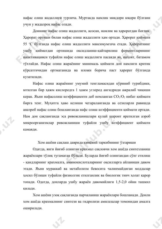 оддалар, асосан, бижғитиладиган углеводлар нфас олишга сарфланади. бундан ташқари хом ашё намлиги ҳам камаяди. бижғитиладиган углеводлар йўқотилишининг тўғри ҳисоб-китобини олиб бориш мақсадида хом ашё намлиги ва массаси сақлангунга қадар ва сақлангандан сўнг аниқланади. крахмал сақловчи хом ашёни сақлашда микроорганизмлар роли крахмал сақловчи хом ашёда жуда кўп миқдорда ммикроорганизмлар бўлиб, улар, асосан тупроқдан ўтади. чунончи, 1 г донли масса юзасида бир неча ўн мингдан миллионгача турли микроорганизмлар бўлади. донларнинг эндоспермига ўтиб уларни зарарлай оладиган фитопатоген микроорганизмлар энг катта зарарни келтириб чиқаради. зарарланиш далада ҳам сақлаш даврида ҳам юзага келиши мумкин. буғдойнинг tilletia tritici ва ustilago tritici замбуруғлари билан зарарланиши мос равишда қаттиқ ва чангсимон қоракуяни келтириб чиқаради. usrilago zeae замбуруғи маккажўхорининг пуфаксимон шаклдаги (кўринишдаги) қоракуясини чақирса, fusarium grainearum - буғдой, жавдар, сули ва маккажўхорининг фузариоз касаллигини қўзғатади. донлар сиртида фитопатоген микроорганизмлардан ташқари эпифит микрофлора ҳам учрайди. эпифит микрофлора турли ачитқи замбуруғлари, сут ачитқи, сирка ачитқи бактериялари ва замбуруғлар спораларидан ташкил топган …