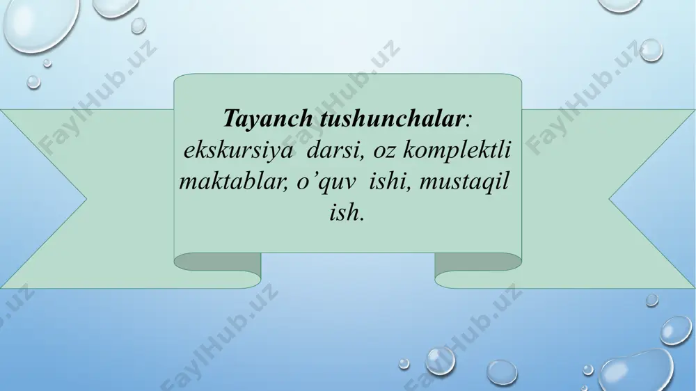 -o‘zi tarbiyalash 2. ijtimoiy foydali mehnat bilan shug‘ullanishga yordam berishdan iborat. sinfdan va maktabdan tashqari tarbiyaviy ishlarni tizimli yo‘lga qo‘yishda quyidagilarga rioya qilish talab etiladi: 1. sinfdan va maktabdan tashqari tarbiyaviy ishlarni rejalashtirish va amalga oshirishni nazorat qilish; 2. sinfdan va maktabdan tashqari mashg‘ulotlarni yo‘lga qo‘yishda o‘qituvchilar tomonidan o‘quvchilarga metodik yordam ko‘rsatish; 3. umumiy o‘rta ta’lim va maktablararo o‘tkaziladigan eng muhim tarbiyaviy tadbirlarda qatnashish; 4. sinfdan va maktabdan tashqari ishlar o‘z mazmuniga ko‘ra, o‘quvchilarning tafakkur faoliyati va munosabat vositasi hisoblanadi. boshlang‘ich sinflarda sinfdan va maktabdan tashqari ishlarni takomillashtirishning asosiy maqsadi: ularning aqliy, mehnat va ijodkorlik faoliyatini rivojlantirish darsdan bo‘sh vaqtlarini unumli tashkil etish ijtimoiy moslashuvni qaror toptirish mustaqil ravishda fanni o’rganish sinfdan tashqari ishlarga: 1. tirik tabiat burchagi 2. o‘quv-tajriba maydonchasi 3. tabiatda yozgi topshiriqlar bo‘yicha bajariladigan ishlar maktabdan tashqari faoliyatga quyidagilar kiradi: 1. og‘zaki ish usullari: majlislar, yig‘inlar, ma'ruzalar, kutubxonalar, konferensiyalar, munozaralar, uchrashuvlar, gazetalar, radio va jurnallar 2. amaliy …