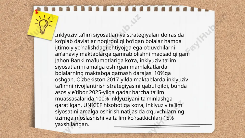 unday xizmatlar ko'rsatiladi, ularning samarasi sifatida ta'lim olishdagi teng imkoniyatlar kengaymoqda. oʻzbekiston respublikasida inklyuziv taʼlimni qoʻllab quvvatlashda amaliy tajribalar merzayeva shahzoda e'tiboringiz uchun raxmat! image1.jpg image2.png image3.jpg /docprops/thumbnail.jpeg