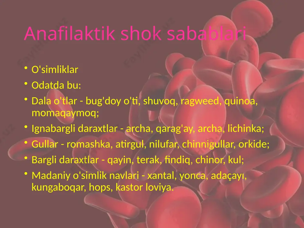 a amalga oshiriladi. harakatlarning muayyan algoritmi va yordam ko'rsatishning taktikasi mavjud: 1. allergen preparatini qo'llashni to'xtatish; 2. shifokorni chaqirish; 3. bemorni gorizontal yuzaga qo'ying; 4. nafas olish yo'llari patentlanganligiga ishonch hosil qiling; 5. inyeksiya joyiga yoki turniketga sovuq surtish; 6. toza havoga kirishni ta'minlash; 7. bemorni tinchlantirish; 8. hamshiralik tekshiruvini o'tkazish: qon bosimini o'lchash, pulsni, yurak urish tezligini va nafas olish harakatlarini hisoblash, tana haroratini o'lchash; 9. tayyorlamoq dorilar keyinchalik tomir ichiga yoki mushak ichiga yuborish uchun: adrenalin, prednizolon, antigistaminlar, relanium, berotek; 10. traxeya intubatsiyasi zarur bo'lsa, havo yo'li va endotraxeal naychani tayyorlang; 11. vrach nazorati ostida, uchrashuvlarni tayinlang. tezkor yordam shokga qarshi maxsus choralar yordamida shoshilinch tibbiy yordam faqat tibbiyot xodimlari tomonidan amalga oshiriladi. anafilaksi uchun shoshilinch tibbiy yordam algoritmi, albatta, quyidagilarni o'z ichiga oladi: puls va qon bosimini o'lchash, elektrokardiografiya, qonning kislorod bilan to'yinganlik darajasini aniqlashni o'z ichiga olgan tananing asosiy funktsiyalarini monitoring qilish; nafas olish yo'llari orqali …