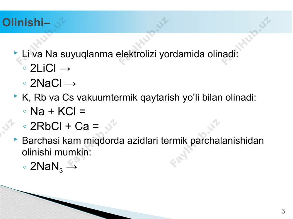 n ta’sirlashishi oksid hosil qilishi nitrat tuzlari parchalanishi gidridlari parchalanishi li lithium na codium, k potassium 8 li ning o’ziga xosligi «li ning o’ziga xosligi»ni kontseptual jadval asosida o`rganish ishqoriy metallar fizikaviy va kimyoviy xossalaridagi farqlar ularni saqlash n2 bilan ta’sirlashishi oksid hosil qilishi nitrat tuzlari parchalanishi gidridlari parchalanishi li lithium petroleyin efiri ostida odatdagi sharoitda li2o+li3n oddiy oksid li2o oksidlar hosil qiladi li2o+no2+o2 lih 900 0c na codium, k potassium kerosin yoki benzin qizdirilganda peroksid va supperoksid na2o2, ko2 nitritlar hosil qiladi nano2+o2 kno2+o2 nah, kh 400 0c 9 li ning o’ziga xosligi umumiy tavsif 10 li na k rb cs metallic radius/pm 152 186 231 244 262 ionic radius/pm (coordination number) 59(4) 102(6) 138(6) 148(6) 174(8) ionization energy/(kj mol 519 494 418 402 376 standard potential/v -3.04 -2.71 -2.94 -2.92 -3.03 density/(g/cm3) 0.53 0.97 0.86 1.53 1.90 melting point/°c 180 98 64 39 29 ishqoriy metallarning tabiatda tarqalishini …