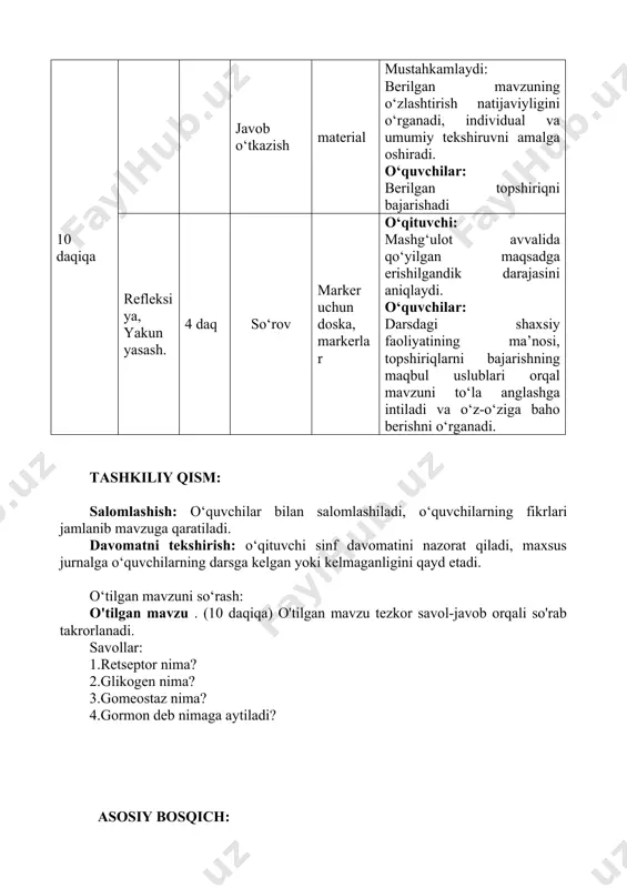 yetishmasligi yoki ortiqcha ishlab chiqarilishi organizmda og�ir xastaliklarni paydo qiladi. tiroksin yetishmaganida yosh bolalarning o�sishi, aqliy va jismoniy rivojlanishi juda sekinlashib, kretinizm xastaligi paydo bo�ladi. katta yoshdagi odamlarda bez faoliyati pasayib, tiroksin kam ishlab chiqarilishining kamayishi miksedemani paydo qiladi. bu kasallikda moddalar almashinuvi sekin- lashib, nerv sistemasi qo�zg�alishi pasayadi, qovoqlar shishib ketadi. ayrim hududlarda suv tarkibida yod yetishmasligi tufayli qalqonsimon bez yiriklashib, bo�yinda shish paydo bo�ladi. endemik buqoq deb ataladigan bu kasallikning oldini olish uchun osh tuziga yod qo�shib, ishlov beriladi. qalqonsimon bez funksiyasi kuchayib, tiroksin gormoni ortiqcha ishlab chiqarilganida organizmda moddalar almashinuvi kuchayib, nerv sistemasi qo�z- g�aluvchanligi ortadi va kishi ozib ketadi. bazedov kasalligi deb ataladigan bu xastalikda ko�pincha kasal odammng ko�zlari notabiiy chaqchaygan bo�ladi. kasallikni davolashda qalqonsimon bez funksiyasini pasaytiradigan preparatlardan foydalaniladi. ba�zan bezning bir qismi olib tashlanadi. 10-rasm.bazedov kasalligi 11-rasm.endemik buqoq 12-rasm.miksedema. qizlar balog�atga yetishi davrida qalqonsimon bez funksiyasi birmuncha kuchayib, tireotoksikoz xastaligining yengil alomatlari: tez jahl …