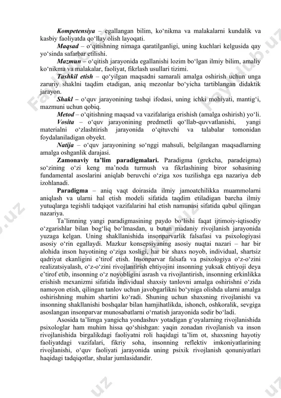 bu harakat bilishga doir vazifalarni hal qilishda ularga katta yordam beradi. didaktika va metodika mustahkam aloqa va o‘zaro bog‘liqlikda joylashadi. didaktika o‘qitishning umumiy qonuniyatlarini o‘rganadi. aniq bir predmetni o‘qtishning o‘ziga xos xususiyatlari xususiy metodikalarda ishlab chiqiladi. didaktikaning asosiy kategoriyalari. muayyan fanga xos bo‘lgan tushunchalarda insoniyat tomonidan ijtimoiy taraqqiyot jarayonida to‘plangan bilimlar aks etadi. didaktikaning asosiy kategoriyalari quyidagilardan iborat: o‘rgatish, o‘rganish, o‘qitish, ta’lim , bilim, ko‘nikma, malaka, kompetensiya, maqsad, mazmun, tashkil etish, shakl, metod, vosita, natija. o‘rgatish – o‘qitish maqsadini amalga oshirish bo‘yicha pedagogning tartiblangan faoliyati. o‘rganish – anglash, mashq qilish, va egallangan tajribalar asosida xulq-atvor va faoliyatning yangi shakllarini egallash jarayoni, oldin egallanganlari o‘zgaradi. o‘qitish – qo‘yilgan maqsadga erishishga yo‘naltirilgan pedagog bilan o‘quvchilarning tartiblangan o‘zaro harakati. ta’lim – o‘qitish jarayonida egallanadigan bilim, ko‘nikma, malakalar, kompetensiya va fikrlash usullari tizimi. bilim – ma’lum bir fanni nazariy o‘zlashtirishni aks ettiradigan inson g‘oyalari yig‘indisi; ko‘nikma – egallangan bilimlarning aniq xatti-harakatdagi ifodasi, o‘zlashtirilgan bilimlarni …