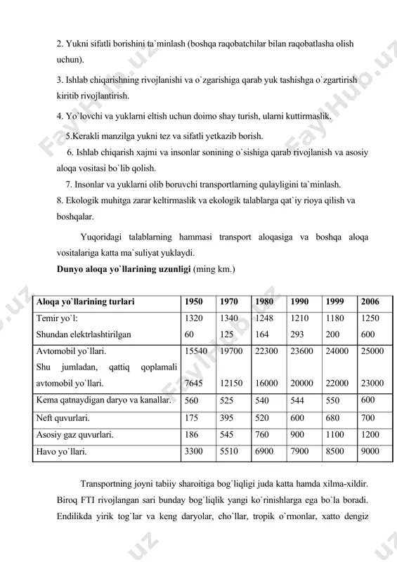 abiiy sharoitiga bog`liqligi juda katta hamda xilma-xildir. biroq fтi rivojlangan sari bunday bog`liqlik yangi ko`rinishlarga ega bo`la boradi. endilikda yirik tog`lar va keng daryolar, cho`llar, tropik o`rmonlar, xatto dengiz bo`g`ozlari quruqlik transporti uchun o`tib bo`lmas to`siq bo`lmay qoldi. sun`iy suv yo`llari bunyod etilib, tabiat “xatosini” tuzatish suv transportining rivojlanishiga katta ta`sir ko`rsatmoqda. shu bilan birga transportning atrof muhitga salbiy ta`siri ham oshib borayapti. bunda transportning turli xillari turlicha xususiyatga ega bo`ladi. havoni asosan avtomobil transporti ifloslaydi; yirik shaharlarda havoga chiqariladigan barcha ifloslantiruvchi moddalarning 2/3 qismi avtotransport xissasiga to`g`ri keladi. havo transporti ko`p minglab samolyotlardan chiqqan gazlar, temir yo`l transporti, ayniqsa, parovozlar ishlatilgandagi qattiq zarrachalar bilan havoni ifloslaydi. bundan tashqari transportning barcha turlari muhitni shovqin bilan “ifloslaydi”, quruqlik transporti yerlarni band qiladi. suv transporti gidrosferani ifloslovchi muhim manba hisoblanadi. bunda neft tashuvchi kemalar qatnaydigan asosiy yo`llar eng yirik ifloslovchi bo`ladi. ko`p mamlakatlarda atrof muhitni transport vositalari tomonidan ifloslanishidan saqlash uchun qattiq …