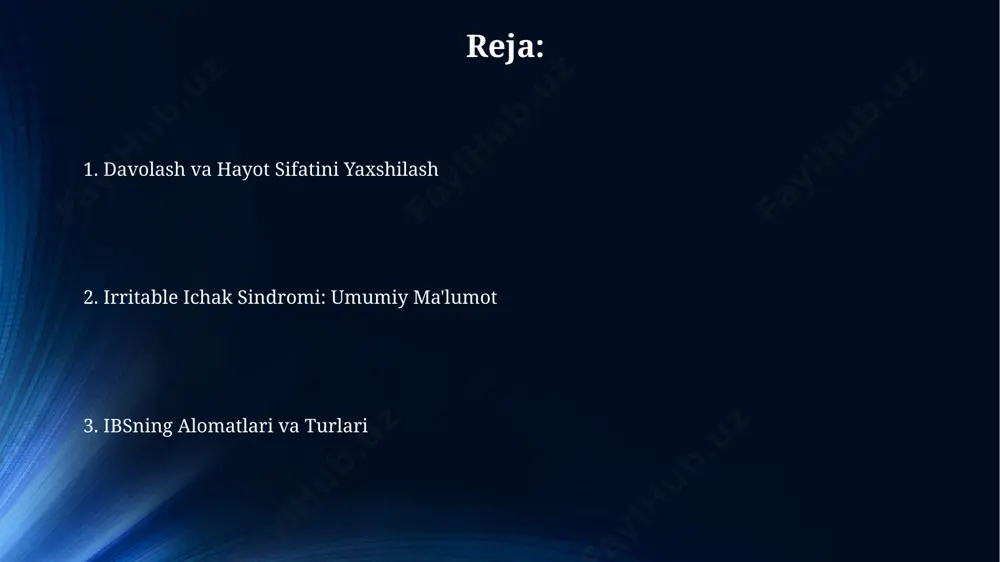 n bemorlar uchun samarali usul hisoblanadi. kundalik 150 daqiqalik o'rtacha intensivlikdagi jismoniy mashqlar, jumladan, yurish, suzish yoki yoga, 3 oy davomida muntazam bajarilib, avstraliyada o'tkazilgan tadqiqotlarga ko'ra, ibs alomatlarini sezilarli darajada engillashtiradi. ibsning sabablari ibsning bir sababi, oshqozon-ichak traktining normal harakatini boshqaruvchi miya va ichak o'rtasidagi signalizatsiya tizimidagi 30% gacha buzilishlar hisoblanadi, bu esa dunyoning turli burchaklarida, shu jumladan, o'zbekistonda ham keng tarqalgan. tadqiqotlar shuni ko'rsatadiki, ibsning 20% dan ortig'i ovqat hazm qilish tizimining yuqumli kasalliklari, masalan, kamida 3 kun davom etgan salmonellyoz yoki kam pilor bakteriyalarining ko'payishi natijasida yuzaga keladi. qo'shimcha terapiyalar o‘zbekistonda olib borilgan kichik miqyosdagi bir tadqiqotda, 15 nafar ibs li bemorning 8 nafari probiyotiklarni muntazam iste’mol qilish orqali 4 hafta ichida simptomlarining yengillashganini bildirgan. ibs ga chalingan 20 dan ortiq bemorlarning 30% dan ko‘prog‘i, qo‘shma shtatlardagi tadqiqotlarga ko‘ra, psixoterapiya, xususan, kognitiv-xulq terapiyasi (kxt) yordamida sezilarli darajada yaxshilanish kuzatgan. ibsning turlari ibs diagnostikasi klinik baholash va bemorning …