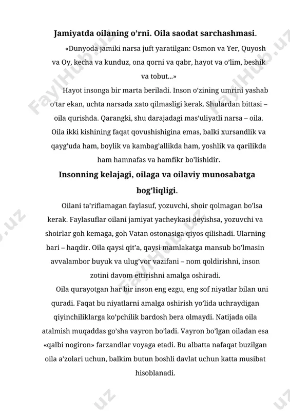 ida aks ettiradi». bugungi iqtisodiy va ijtimoiy o’zgarishlar bo’sag’asida oila vazifasi, mas’uliyati yanada oshdi. prezidentimiz i.a.karimov aytganidek: «respublikada sobitqadam bilan xalqchil adolatli jamiyatni bunyod etish – bosh vazifadir. mehnatsevar va badavlat ma’naviy yetuk va madaniyatli oila – shu jamiyatning asosini tashkil etadi». oila tarbiyasiga pedagogik rahbarlik. pedagoglarning ota-onalar bilan hamkorligi. hozirgi kunda maktablarda oilaviy hayot etikasi va psixologiyasi fani o’tilmoqda. bu fanda albatta oila va nikoh, yoshlar ma’naviy dunyosining go’zalligi, farzand, oilaviy munosabatlar to’g’risida ko’p ibratli ta’lim berilgan. pedagoglar dars jarayonida, darsdan tashqari tarbiyaviy tadbirlarda ham muntazam ravishda o’quvchilarni oilaviy hayotga tayyorlashga e’tiborlarini qaratishadi, biroq bu harakat bir tomonlama bo’lib yetarli natija bermaydi. chunki doim ham o’qituvchilarning dunyoqarashi o’quvchi ota-onasining dunyoqarashi bilan to’g’ri kelmaydi. natijada bir xil mavzu bo’yicha paydo bo’lgan qarama-qarshi fikrlar talabada ishonchsizlik tuyg’usini paydo qiladi. shuning uchun ham oilaviy tarbiyaga ikki tomonlama yondashmoq zarur. xalq pedagogikasi tajribasiga asoslangan holda pedagoglar va ota-onalar hamkorlikda o’quvchilarga quyidagi yo’nalishlarda tushuncha …