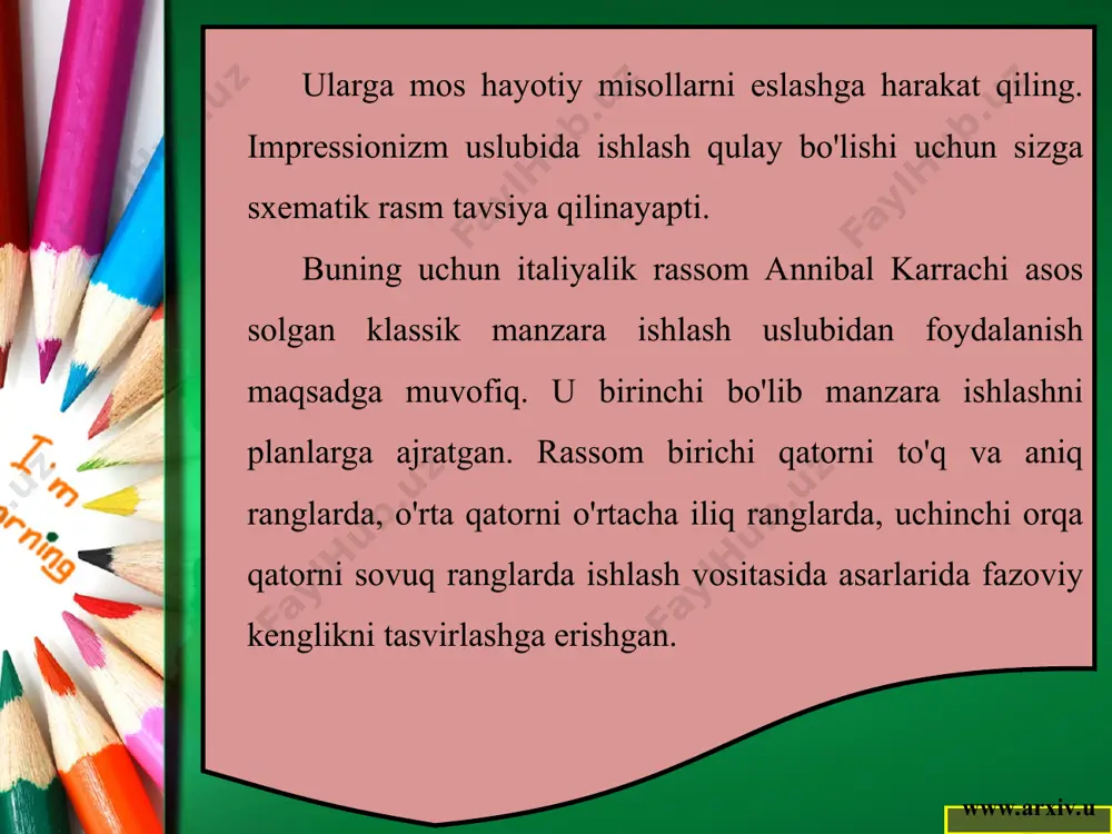 izim oqimining vakili. parijdagi syuie akademiyasida tahsil olgan. kubizm uslubida, asosan natyurmort, shuningdek, manzara va portret janrlarida ko'plab asarlar yaratgan. kartinalarida obyektning konstruktiv tuzilishini uzoq vaqt kuzatish asosida tahlil qilishga intilish sezilib turadi. rassom rangtasvir asarlarida ko'p rang ishlatmagan, ko'proq buyumlar­ning konstruktiv tuzilishidan tashqari, ularning fazoviy bo'shliqdagi, makondagi o'rnini tasvir-lashga ustuvor tarzda ahamiyat qaratadi (12-rasm). 12-rasm. pol sezann. avtoportret www.arxiv.uz kubizm uslubida rasm ishlashning eng qulay janrlaridan biri, shubhasiz, natyurmort janridir. chunki natyurmort janrida ishlash uchun qo'yilgan buyumlar qo'zg'almas bo'lib, ularning konstruktiv tuzilishi, fazoviy joylashuvi, muhitdagi holatini uzoq vaqt kuzatish mumkin bo'ladi. 13-rasmdagi manzara janrida yaratilgan kartinada rassom obyekt elementlarini tasvirlashda ularning ko'rinmas tomonlarini ko'rsatishga harakat qilgan. www.arxiv.uz odatda, shu yo'nalishda ijod qiluvchi rassomlar asar yaratayotganda kubizm uslubining qonuniyatlariga amal qiladilar. pol sezanning izdoshlari sifatida pablo pikassoning ijodi san'at tarixida alohida ahamiyatga ega. chunki u tasviriy san'atning ko'p yo'nalishlarida ijod qilgan bo'lsa-da, an'anaviy uslublarni inkor etmagan. shu­ningdek, j.brak, f.leje, r. …