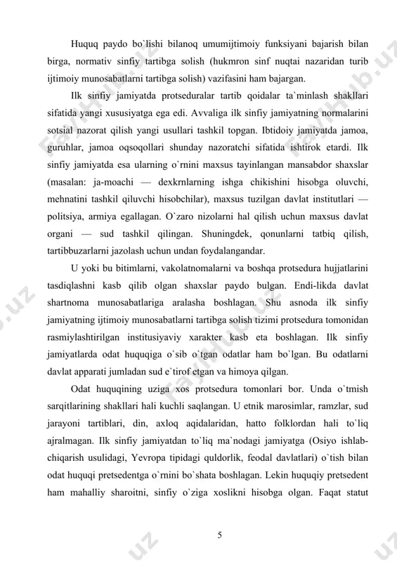 lgan. masalan, adolatli narx-navoni belgilovchi xammu-rappi qonunlari toshlarga о`yib yozilgan va ular bozorga yaqin joyga о`rnatilgan. shuningdek, sanksiyalar ham avvalgi bosqichda qо`llanilgan tadbirlardan mutlaqo farq qilgan. ilk sinfiy huquqda ular о`sib kelayotgan mulkiy va ijtimoiy tengsizlikka xizmat qila boshlagan. bu holat ijtimoiy jihatdan yuqori turuvchilarning mulkini himoya qiluvchi sanksiyalarning keskin kuchayishida, shaxsga qarshi qaratilgan jinoyatlar uchun beriladigan jazolarni shaxsning mavqeiga qarab (erkin shaxs, qul, erkak, ayol, bolalar) belgilashda, imtiyozlarning qonunlashtirilishida ifodalangan. bibliyada, masalan, «kimdir biror shaxsni urganda u vafot etsa, о`limga hukm qilinsin. agar, u о`z qulini yoki xizmatkorini tayoq bilan urganda ular qazo qilsa, bunday shaxs jazolanishi lozim» — deb kо`rsatilgan. jazolarning bunday tabaqalanishi ilk sinfiy jamiyatlarda keng tarqalgan. sotsiologiya fani ma`lumotlariga qaraganda, ilk huquq, uchun quyidagi holat xosdir: ilk sinfiy jamoaning undan yettisida bir xildagi jinoyat uchun oddiy jamoa a`zolari yuqori tabaqa vakillariga nisbatan qattiqroq jazolangan, bittasida barobar va faqat ikkitasida — masala aksincha hal qilingan. ilk huquq, …