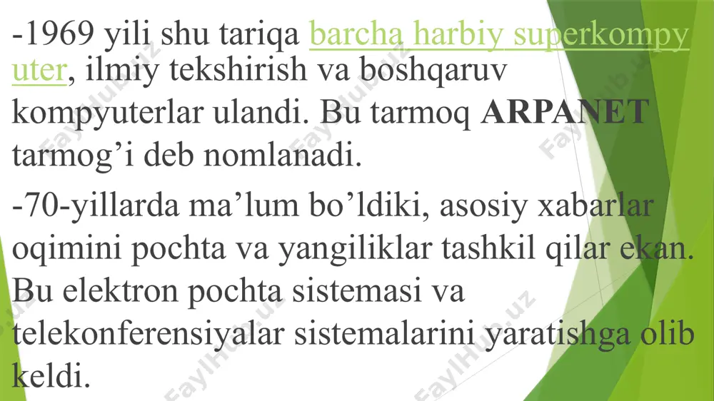arning avtorlari ruxsatisiz foydalanmang bu jinoyatdir; tarmoqdagi begona kompyuter va serverlarning ip adreslarini aniqlash va shu orqali ruxsat etilmagan serverlar va informatsion resurslarga kirish, nusxa ko‘chirish, viruslar tarqatish kabi noqonuniy programmalashtirish ishlari bilan shug‘ullanmang, bu jinoyatdir. umuman olganda har qanday axborotni internet tarmog’i yoki boshqa holatlarda himoya qilishda quyidagi xolatlarga e’tibor qaratish lozim. 1) tashqi muhit bilan aloqani xavfsizligini kamaytirish: a) tarmoq bilan muloqot xavfsizligi; b) disketlar va kompakt disklar bilan muloqot xavfsizligi; c) bino yoki joylashuv maydoniga bog‘liq kutilmagan xatarlar oldini olish; d) kommunikatsiya vositalarining keltirishi mumkin bo‘lgan zararlari oldini olish; e) kompyuterga o‘tirgan tasodifiy savodsiz – foydalanuvchidan himoya; 2) jismoniy va yuridik shaxslar tomonidan atayin uyushtirilishi mumkin bo‘lgan xatti – harakatlardan keladigan zararlar: a) xakerlar ta’siridan himoya; b) josuslik harakatlaridan himoya; c) tovlamachilikning turli ko‘rinishlaridan himoya; disklar, flesh xotiralarda saqlanadigan axborotlarni himoya qilish uchun avvalo ularni aynan shu maqsadga mo‘ljallangan joy va vositalar yordamida asrang. keyin ularga shikast …