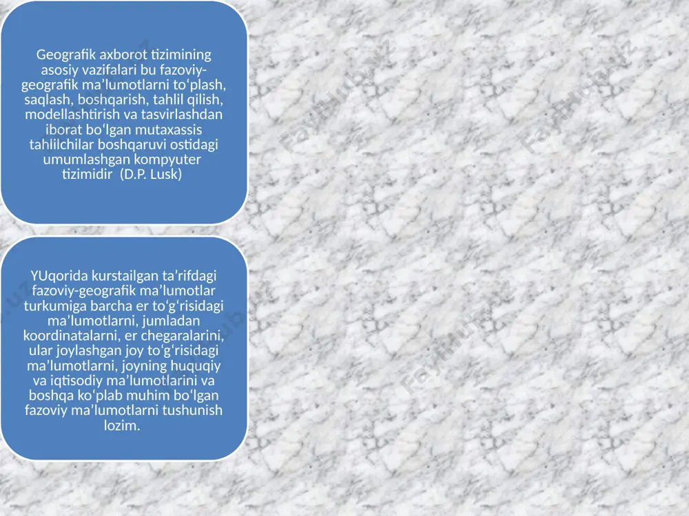 al, digital map) – kartalarni proektsiyalashda, koordinata va balandlik tizimini aniqlashda qabo‘l qilingan kartografik generalizatsiyalash qonunlari asosida tashkil etilgan yuzaning raqamli modeli aytiladi. boshqacha aytganda raqamli kartografik ma’lumot. kompyuter kartasi bu avtomatlashgan kartografiyalashning vositalari (grafoqurilma, plotter, printer, digitayzer, yordamida qog‘ozda, plastikda, fotoplyonkadagi tasvir) yordamida grafik qurilmada chiqarilgan karta turidir. kartalarni bo`lish gatining funktsional imkoniyatlari ma’lumotlarni kompyuter xotirasiga mavjud raqamli ma’lumotlar to‘plami yoki raqamlashtirish yo‘li orqali kiritish. ma’lumotlarni bir formatdan ikkinchi formatga aylantirish, kartografik proekktsiya larni transformatsiyalash, koordinata tizmini o‘zgartirish orqali ma’lumotlar turini o‘zgartirish. ichki va tashqi ma’lumotlar bazasida ma’lumotlarni saqlash, boshqarish. kartometrik operatsiyalar. foydalanuvchining shaxsiy to‘g‘irlash (nastroyka) vositalari geoinformatsion kartografiyalash geoinformatika va kartografiyaning uzviy bog‘liqligi natijasidir. geoinformatik kartografiyalash avtomatlashgan kartografiya, masofadan zondlashni o‘z ichiga olgan aerokosmik metodlar, deshifrlash, raqamli fotogrammetriya va geoinformatikaning uzviy bog‘lanishida shakllanadi. ae’rotasvir gat bilan bog’liq fanlar informatika matematika va statistika masofadan zondlash kartografiya topografiya va fotogrammetriya geografiya atributlar bu ma’lumotlar bazasida o‘rin olgan sonli va belgili …
