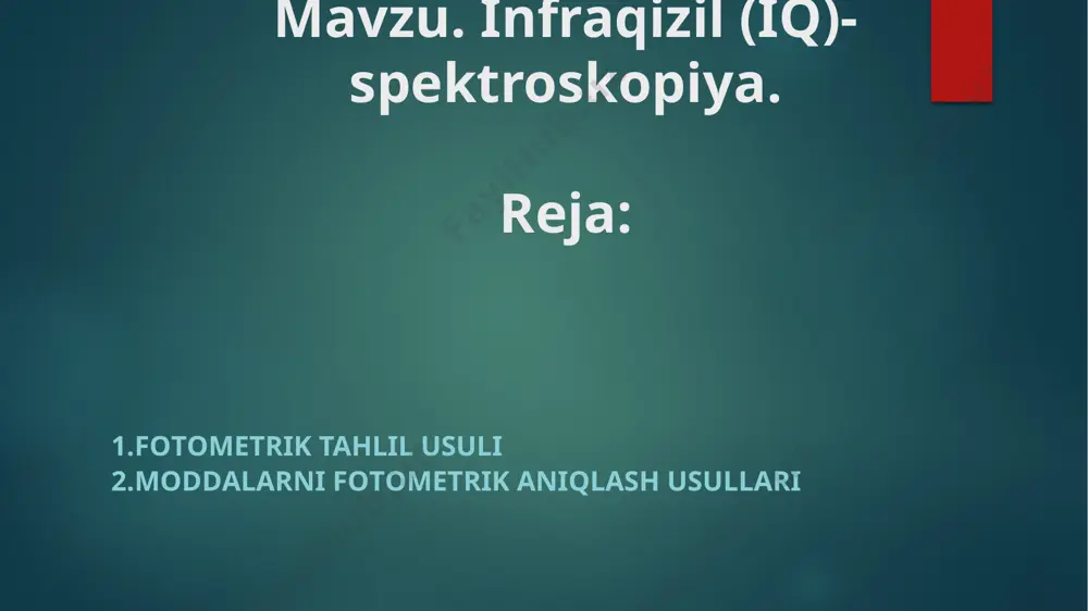 n ishlatiladi. uzoq infraqizil soha, taxminan 400-10 sm (25–1000 mkm) past energiyaga ega va aylanish spektroskopiyasi va past chastotali tebranishlar uchun ishlatilishi mumkin. mintaqa 2–130 sm , mikroto'lqinli mintaqa bilan chegaradosh, terahertz mintaqasi hisoblanadi va molekulalararo tebranishlarni tekshirishi mumkin. ushbu submintaqalarning nomlari va tasniflari konventsiyadir va faqat nisbiy molekulyar yoki elektromagnit xususiyatlarga asoslanadi. nazariya infraqizil spektroskopiyadan molekulalarning tuzilishiga xos bo'lgan chastotalarni o`zlashtirish bilan foydalaniladi. bu yutilishlar rezonans chastotalarda sodir bo'ladi, ya'ni so'rilgan nurlanish chastotasi tebranish chastotasiga to'g'ri keladi. energiyalarga molekulyar potentsial energiya yuzalarining shakli, atomlarning massalari va ular bilan bog'liq tebranish birikmasi ta'sir qiladi. xususan, born-oppengeymer va garmonik yaqinlashishlarda (ya'ni elektron asosiy holatga mos keladigan molekulyar gamiltonianni muvozanat molekulyar geometriyaga yaqin joyda garmonik osilator tomonidan yaqinlashtirish mumkin bo'lganda), rezonans chastotalari molekulyar elektron zamin holati potentsial energiya yuzasiga mos keladigan tebranishning normal rejimlari bilan bog'liq. rezonans chastotasi, bog'lanish kuchi va uning har ikki uchidagi atomlarning massasi bilan ham bog'liq. shunday qilib, …