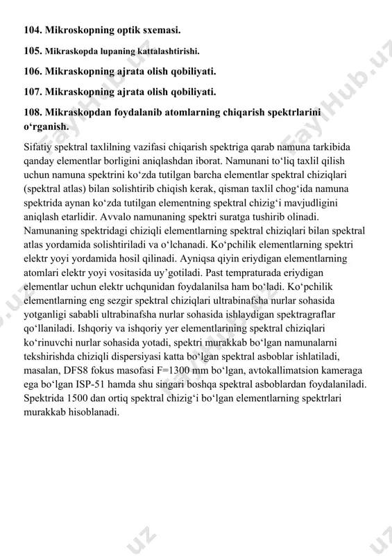 ‘lik manbaining (elektr uchquni yoki yoyining) nuri uch linzali 2, 3, 5 yoritish sistemasi va 6, 7 ko‘zgular yordamida 8 difraksion panjaraga yo‘naltiriladi. yoritish sistemasining 3 linzasini almashtirish mumkin. u 4 linzaga almashtirilsa, yorug‘lik manbaining aksi tirqishning yaqiniga tushadi. difraksion panjara hosil qilgan monoxromatik nurlarni 9, 10 yassi ko‘zgular 12 okulyarning fokal tekisligiga yo‘naltiradi. okulyarning fokal tekisligi 11 fotometrik pona joylashgan tekislik bilan mos tushadi. 111. po‘lat qotishmasini stiloskop yordamida yarim miqdoriy tahlil qilish. 113. stilaskop yordamida sifatiy spektral tahlilni amalga oshirish. atom emissiya usuli (atom emission spektroskopiya, qisqacha-aes) erkin atomlar va bir atomlí ionlar tomonidan chiqarilgan juda ko’p spektr chiziqlarini bir vaqtda qayd qilish imkoniyatini beradi. shuning uchun, ham aes ko’p elementli analiz usuli hisoblanadi. usulning bu m uhim afzalligi uni, namunaning tarkibida qanday elementlar borligini aniqlash uchun ya’ni, sifat analizi uchun qo’ilashga imkon beradi. ananaviy atomlash manbalari ichida sifat analizi o ’tkazish uchun eng m a’quli yoy razryadi …