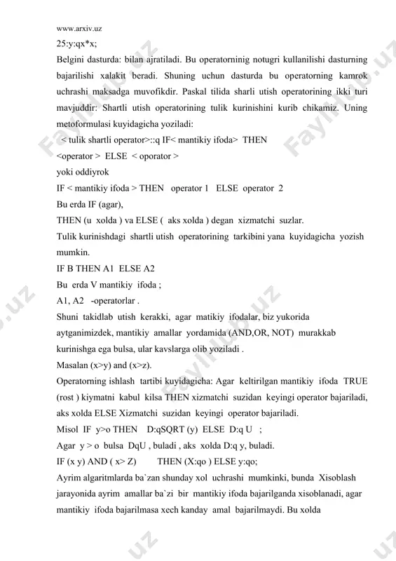 gilar еziladi. shuni xam inobatga olish lozimki tanlash opеratoriga fakat sase xizmatchi suz orkali kirish mumkin, ya`ni tanlash opеratoridan tashkaridagi utish opеratori orkali bu opеratoriga murojaat kilish mumkin emas. tanlash opеratoriningbajarilishi uning tarkibidagi opеratorlar kеtma-kеtligidagi bitta opеratorning bajarilishiga olib kеladi. shuning uchun ularning biridan biriga goto opеratori еrdamida utish xato dеmakdir. shartli utish opеratorining kuyidagi kurinishi if b then ai else a2 tanlash opеratorining kuyidagi opеratoriga ekvivalеntdir; case b of true: ai; false: a2; end; kiska kurinishdagi shartli utish opеratorining kuyidagi kuri- nishi if b then a tanlash opеratorining kuyidagi kurinishga ekvivalеntdir. case b of true: a; false: end; misol: case t of `*`,`g``:r:q1; `q`,`-`:r:q2 end; bu opеratorning bajarilishi natijasida, agar t bеlgili uzgaruvchi q`yoki – bеlgi kiymatlarni kabul kilsa r uzgaruvchi 2 kiymatni agar t- uzgaruvchi * yoki g` bеlgini kabul kilsa r uzgaruvchi 1 kiymatni kabul kiladi. misol:ax2qbxqcq0 kvadrat tеnglamaning ildizlarini topish dasturi tuzilsin. progrem corni ; label …