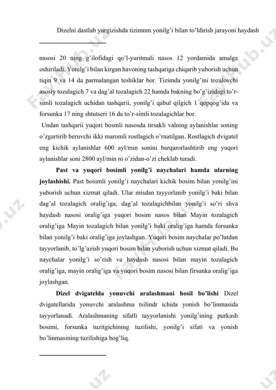 halari kichik bosim bilan yonilg’ini yuborish uchun xizmat qiladi. ular misdan tayyorlanib yonilg’i baki bilan dag’al tozalagich oralig’iga, dag’al tozalagichbilan yonilg’i so’ri shva haydash nasosi oralig’iga yuqori bosim nasos bilan mayin tozalagich oralig’iga mayin tozalagich bilan yonilg’i baki oralig’iga hamda forsunka bilan yonilg’i baki oralig’iga joylashgan. yuqori bosim naychalar po’latdan tayyorlanib, to’lg’azish yuqori bosim bilan yuborish uchun xizmat qiladi. bu naychalar yonilg’i so’rish va haydash nasosi bilan mayin tozalagich oralig’iga, mayin oralig’iga va yuqori bosim nasosi bilan firsunka oralig’iga joylashgan. dizel dvigatelda yonuvchi aralashmani hosil bo’lishi dizel dvigatellarida yonuvchi aralashma tsilindr ichida yonish bo’linmasida tayyorlanadi. aralashmaning sifatli tayyorlanishi yonilg’ining purkash bosimi, forsunka tuzitgichining tuzilishi, yonilg’i sifati va yonish bo’linmasining tuzilishiga bog’liq. tuzilish bo’yicha yonish bo’linmalari ajratilgan bo’ladi(10.2-rasm) 10.2-rasm. yonish bo’linmalarining turlar: a-yonilg’i bevosita purkaluvchi ajratilmagan yonish bo’linmasi; b-ajratilgan old bo’linmali yonish xonasi; v-ajratilmagan uyurmali yonish bo’linmasi; ajratilmagan yonish bo’linmasining asosiy qismi poshen tubi 1 ning o’rta qismidagi chuqircha 3 da …