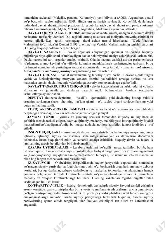 tasdiqlanadi. valyuta - chet el valyutasi, chet el valyutasidagi qimmatli qog’ozlar, chet el valyutasidagi to’lov hujjatlari va sof quyma oltin valyuta boyliklari hisoblanadi. veto (lot. veto - taqiqlayman) - hozirgi zamon davlatlarida qandaydir bir organning qarorini to’xtatib qo’yadigan yoki kuchga kirishga yo’l qo’ymaydigan harakat. davlat boshlig’iga parlament qabul qilgan qonunlarga veto qo’yish (qarorlarni taqiqlash) huquqining berilishi alohida muhim ahamiyat kasb etadi. vetoning mutlaq (yoki rezolotiv), bunda davlat boshlig’i parlament qabul qilgan qonunni uzil-kesil qaytarish huquqiga ega bo’ladi va nisbatan (kechiktiradigan yoki suspensiv) turlari farqlanadi. davlat apparati ( inglizcha mashinery of government so’zi) – davlat organlari tizimi bo’lib, ular faoliyati orqali davlat hokimiyati va uning funktsiyalari amalga oshiriladi. davlat boshqaruvi –davlat organlarining tashkillashtiruvchi, ijro etuvchi va farmoyish beruvchi faoliyati bo’lib, qonun asosida amalga oshiriladi. bu faoliyatni davlat boshqaruv organlari amalga oshirib, ijro etish jarayonida qonunlarning va unga asoslangan hujjatlarning bajarilishini ta’minlash uchun farmoyish berish huquqiga ega bo’ladi. davlat boshqaruvi usullari – …