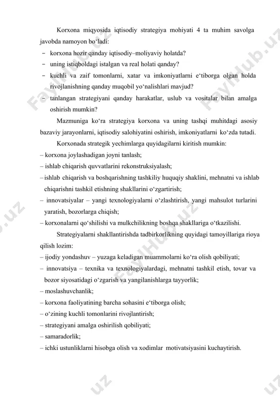 va boshqarishning tashkiliy huquqiy shaklini, mehnatni va ishlab chiqarishni tashkil etishning shakllarini o‘zgartirish; · innovatsiyalar – yangi texnologiyalarni o‘zlashtirish, yangi mahsulot turlarini yaratish, bozorlarga chiqish; · korxonalarni qo‘shilishi va mulkchilikning boshqa shakllariga o‘tkazilishi. strategiyalarni shakllantirishda tadbirkorlikning quyidagi tamoyillariga rioya qilish lozim: · ijodiy yondashuv – yuzaga keladigan muammolarni ko‘ra olish qobiliyati; · innovatsiya – texnika va texnologiyalardagi, mehnatni tashkil etish, tovar va bozor siyosatidagi o‘zgarish va yangilanishlarga tayyorlik; · moslashuvchanlik; · korxona faoliyatining barcha sohasini e‘tiborga olish; · o‘zining kuchli tomonlarini rivojlantirish; · strategiyani amalga oshirilish qobiliyati; · samaradorlik; · ichki ustunliklarni hisobga olish va xodimlar motivatsiyasini kuchaytirish. 12.2. taktik va strategik rejalarni ishlab chiqish jarayonlarini tashkil qilish strategik rejalar asosiy 2 turga ajratiladi: · hujumkor; · himoyalanuvchi. strategiya yo’nalishlari yangi tovarlarni shakllantirish. diversifikatsiya. yangi bozorlarni o’zlashtirish sotishni rivojlantirish. diversifikatsiya taktikasi yangi bozorlarda sotish hajmini oshirish ishlab chiqarishni kengaytirish, sotish va rag’batlantirish o’zlashtirilgan bozorlarda maxsulotning sotish hajmini ko’paytirish strategik harakatlar …