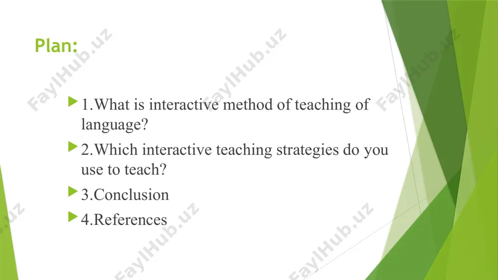 ompetencies; create positive atmosphere in class what is interactive method of teaching of language? the term "interactive" means that people work together and have an influence on each other. this situation implies a dialogue or a conversation. therefore, these methods are aimed at the interaction between students and the teacher as well as among students only. which interactive teaching strategies do you use to teach? think, pair, and share this is a great interactive strategy that improves your students' problem-solving skills, creativity, teamwork skills, and critical thinking. usually, the teacher presents a problem that is related to the subject of the lesson and encourages discussions in the class references [1] information on http://www.president.gov.ua/ukraine presidential decree №641 / 2015 about declaring 2016 year of english in ukraine. [2] t.s. panina, l.n. vavilova, modern methods of activization of training, handbook for students, ed. by t.s. panina, 4 th ed., moscow, 2008. [3] …