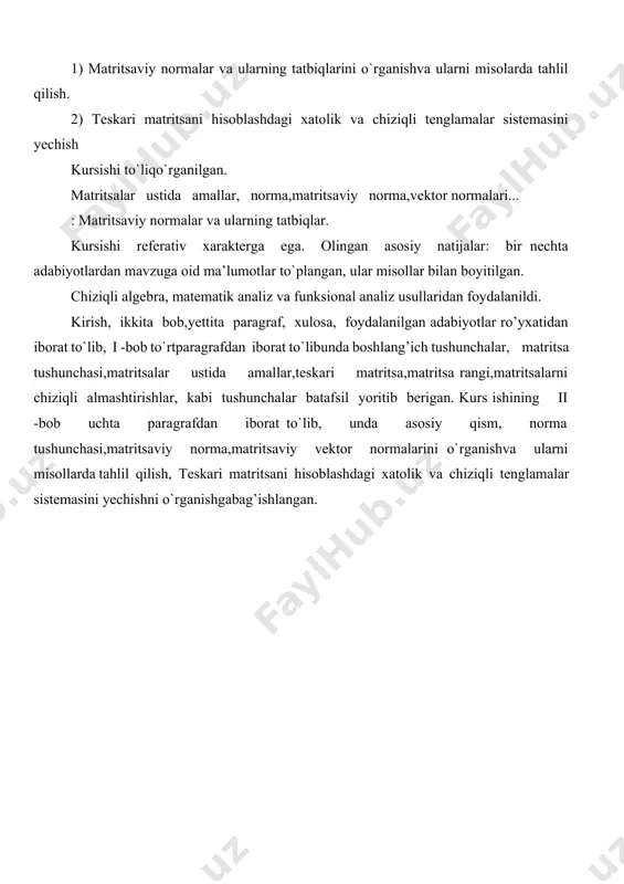 amaliy jarayonlarning matematik modellarini tuzishda muhim vosita sifatida qoʻllaniladi. ta’rif. matritsa deb mta satr va n ta ustunga ega boʻlgan qavslar ichiga olingan toʻrtburchakli sonlar jadvaliga aytiladi. matritsalar lotin alifbosining bosh harflari bilan belgilanadi. masalan, matritsani tashkil qilgan sonlar uning elementlari deyiladi. matritsa oʻlchami m n kabi yoziladi.matritsaning i satr, j ustun kesishmasidagi element aij kabi belgilangan. demak, a34 3 - satr va 4 - ustin kesishmasida joylashgan elementdir. ba’zida matritsalarni yozishda (...) qavslar oʻrniga [...] qavslar yoki ||...|| kabi belgilardan foydalaniladi. aytaylik quyidagi jadvalda iqtisodiyotning tarmoqlari boʻyicha resurslarning taqsimlanishi berilgan boʻlsin: resurslar iqtisodiyot tarmoqlari sanoat qishloq xoʻjaligi elektr energiyasi resurslari 7,3 5,2 mehnat resurslari 4,6 3,1 suv resurslari 4,8 6,1 bundan tashqari ba’zida bu matritsalar mos ravishda satr-vektor va ustun-vektor deb ham ataladi. matritsaning elementlari esa vektorlarning komponentlari, deyiladi. har bir elementi nolga teng boʻlgan, ixtiyoriy oʻlchamli matritsaga nolmatritsa deb aytiladi va quyidagi koʻrinishda boʻladi: ta’rif. ava b matritsalar …