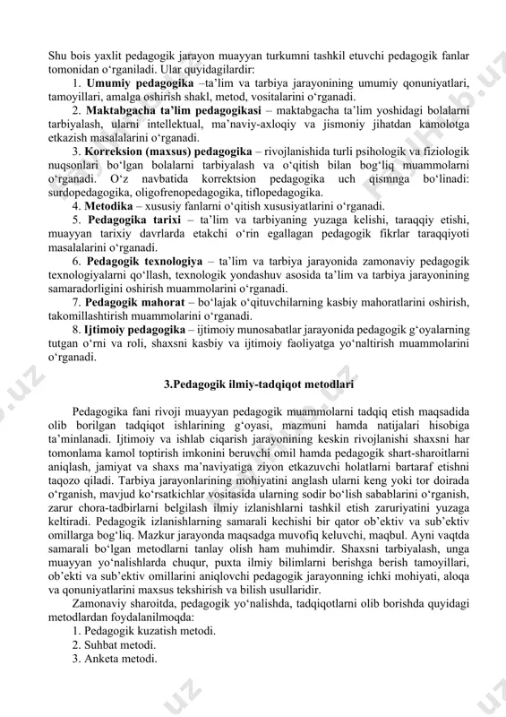gan jarayonlarning umumiy mohiyatini yoritadi. eng muhim kategoriyalar sirasiga quyidagilar kiradi: shaxs, tarbiya, ta’lim (o‘qitish, o‘qish), bilim, ko‘nikma, malaka, ma’lumot, rivojlanish. 2. boshlang‘ich ta’lim pedagogikasi fanining asosiy tushunchalari. shaxs – psihologik jihatdan taraqqiy etgan, shaxsiy xususiyatlari va xatti-harakatlari bilan boshqalardan ajralib turuvchi, muayyan xulq-atvor va dunyoqarashga ega bo‘lgan jamiyat a’zosi. tarbiya – muayyan, aniq maqsad hamda ijtimoiy-tarixiy tajriba asosida yosh avlodni har tomonlama o‘stirish, uning ongi, xulq-atvori va dunyoqarashini tarkib toptirish jarayoni. ta’lim – o‘quvchilarni nazariy bilim, amaliy ko‘nikma va malakalar bilan qurollantirish, ularning bilish qobiliyatlarini o‘stirish va dunyoqarashlarini shakllantirishga yo‘naltirilgan jarayon. bilim – shaxsning ongida tushunchalar, sxemalar, ma’lum obrazlar ko‘rinishida aks etuvchi borliq haqidagi tizimlashtirilgan ilmiy ma’lumotlar majmui. ko‘nikma – shaxsning muayyan faoliyatni tashkil eta olish qobiliyati. malaka – muayyan harakat yoki faoliyatni bajarishning avtomatlashtirilgan shakli. ma’lumot – ta’lim-tarbiya natijasida o‘zlashtirilgan va tizimlashtirilgan bilim, hosil qilingan ko‘nikma va malakalar hamda tarkib topgan dunyoqarash majmui. rivojlanish – shaxsning fiziologik va …