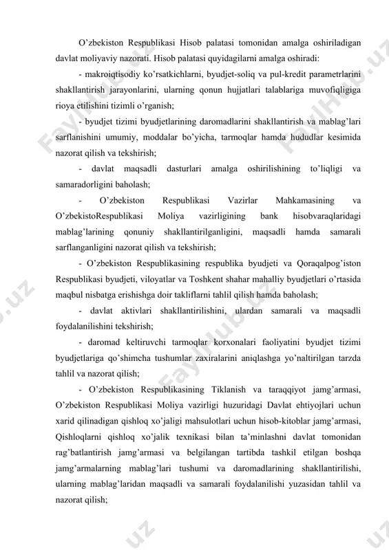 lar bilan amalga oshiriladigan operatsiyalar ustidan nazorat qilish; - ichki va tashqi aktivlarni boshqarish bo’yicha hisobotlar va balans hisob-kitoblarini tahlil qilish, mablag’lar va oltin-valyuta zaxiralarini chet el banklariga va boshqa banklarga joylashtirish hamda qayta joylashtirishning asosli va samarali ekanligini nazorat qilish; - davlat qarzini boshqarish samaradorligini tahlil qilish, unga o’z vaqtida xizmat ko’rsatilishi ustidan nazorat qilish, o’zbekiston respublikasi nomidan yoki uning kafolati ostida jalb qilingan chet el kreditlari mablag’laridan samarali foydalanish masalalari bo’yicha predmetli tekshiruvlar tashkil etish; - davlat mulki realizatsiya qilinishi bilan bog’liq masalalarni tahlil qilish vaular bo’yicha nazoratni ta’minlash; - byudjet tizimi byudjetlari mablag’laridan maqsadli va samarali foydalanilishi ustidan nazorat qilishga doir vazifalar moliya organlari, shu jumladan g’aznachilik bo’linmalari tomonidan bajarilishi samaradorligini tahlil qilish; - davlat mulki ulushi bo’lgan korxonalarning moliya-xo’jalik faoliyatini dividendlar to’g’ri hisoblanishi va to’lanishi yuzasidan tekshirish. 3.byudjet nazoratini tashkil qilishning maqsadi va vazifalari,sub’ektlari va ob’ektlari budjet ijrosi jarayonida nazoratning maqsadi – budjet ijrosini amalga oshirish …
