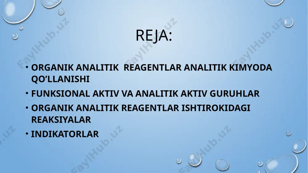 skorbin kislotalari) sifatida qo’llaniladi. organik analitik reagentlar funksional aktiv guruh (fag) bevosita analitk kimyoviy reaksiyaga kirishish qobiliyatiga ega bo’lgan atom yoki atomlar guruhi 100 dan ortiq -oh; >c=o; -cooh; -nh2; =nh; =n-; -no2; -sh; -s-; -s-s-; >s=o analitik aktiv guruh (aag) fag ni analitik effektini kuchaytiradi, metal atomi bilan koordinatsion bog’ hosil qilmaydi -oh; -cooh; -nh2; =nh; =n-; -no2; -sh; -s-; -s-s-; >s=o >c=o; -n=n- nh-nh- -n=o >c=n-oh dimetilglioksim reagentining nikel kationi bilan hosil qilgan kompleksi 1-nitrozo-2-naftolning cobalt(iii) bilan hosil qilgan kompleksi 8-gidroksixinolinning al(iii) bilan hosil qilgan kompleksi cho’ktiruvchio sifaftida qo’llaniladigan organik reagentlar 2 xil bo’ladi: 1) ion xarakterga ega bo’lmagan cho’kma hosil qilib, metal ioni bilan xelat hosil qiluvchi oar. masalan, 8-gidroksixinolin, dimetilglioksim, 1-nitrozo-2-naftol 2) kam eruvchan cho’kma hosil qilib, kompleks tarkibida noorganik ion bilan oar oralida ion bog’ bo’ladigan oar kiradi. masalan, benzidin (so42-), tertrafenilboratnatriy (k+, rb+, cs+, nh4+) 8-oksixinolinning turli ph qiymatlarida turlicha ionlarni cho’ktira olish jadvali …