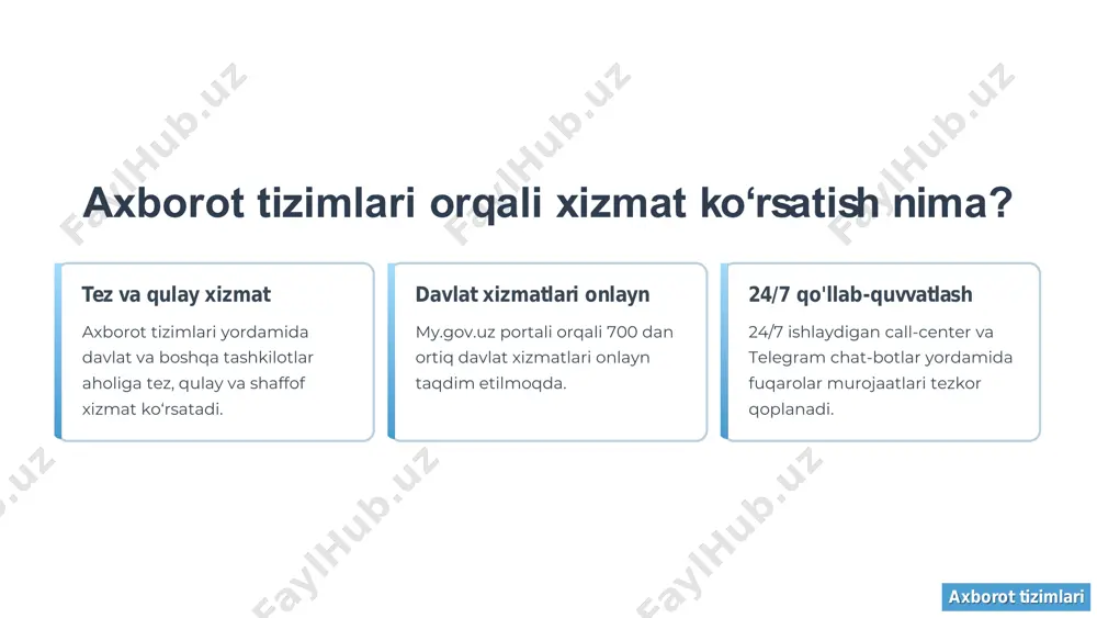 ti bo‘yicha xizmatlar. har bir vaziyat uchun maxsus xizmatlar va hujjatlar onlayn tarzda taqdim etiladi, fuqarolar hayotini yengillashtiradi. axborot tizimlari ommaviy xizmatlar tizimini rivojlantirish istiqbollari 01 it-ta'lim va qo‘llab-quvvatlash it-ta'lim va yoshlarni qo‘llab- quvvatlash orqali xizmat sifatini oshirish. 02 inklyuziv xizmatlar nogironligi bo‘lgan shaxslar uchun inklyuziv ta'lim va ijtimoiy himoya xizmatlarini kengaytirish. 03 metaverse va ai integratsiyasi metaverse va sun’iy intellekt texnologiyalarini joriy etish orqali xizmatlarni yanada interaktiv qilish. axborot tizimlari xulosa: ommaviy xizmatlar – jamiyat taraqqiyotining poydevori axborot tizimlari orqali xizmat ko‘rsatish fuqarolarning hayotini yengillashtiradi. davlat xizmatlari yagona portali orqali barcha xizmatlar bir joyda, tez va ishonchli taqdim etiladi. kelajakda raqamli transformatsiya orqali xizmatlar yanada samarali va keng qamrovli bo‘ladi. axborot tizimlari