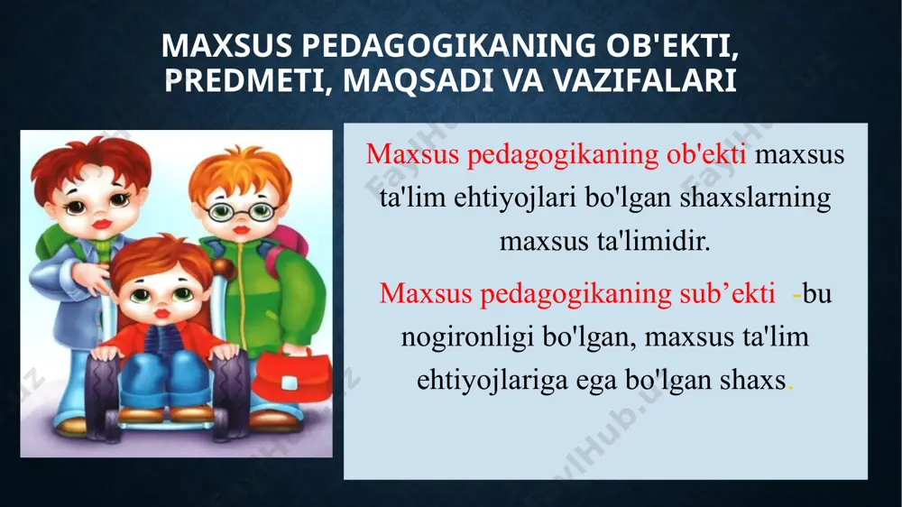 'ir nogironlik - davlat ta'lim standartlariga (shu jumladan, maxsus standartlarga) muvofiq ta'lim olish imkonsiz bo'lgan va o'rganish imkoniyatlari asosiy bilim va ko'nikmalarni olish bilan cheklangan darajada ifodalangan jismoniy yoki ruhiy nogironlik; maxsus ta’lim sohasida qo‘llaniladigan atamalar (n.m.nazarova bo‘yicha): ✓ta'lim olish uchun maxsus sharoitlar (maxsus ta'lim shartlari) — ta'lim (tarbiya) shartlari, shu jumladan maxsus ta'lim dasturlari va o'qitish usullari, individual texnik o'quv vositalari va yashash muhiti, shuningdek pedagogik, tibbiy, ijtimoiy va boshqa xizmatlar, ularsiz nogironlar tomonidan ta'lim dasturlarini o'zlashtirish imkonsiz (qiyin); ✓maxsus ta'lim muassasasi-nogironlar uchun ta'lim muassasasi. rivojlanish buzilishlarining tasnifi rivojlanish buzilishlarini tasniflashning eng keng tarqalgan asoslari (n.m.nazarova): ✓ nuqsonlarni kelib chiqish sabablari; ✓ nuqsonlarni turlari; ✓ keyingi hayotga ta'sir qiladigan nuqsonlarning oqibatlari. muayyan tana tizimida buzilishning lokalizatsiyasiga ko'ra tasniflash: ✓ tana (somatik) buzilishlar (xarakat-tayanch tizimi, surunkali kasalliklar); ✓ sensor buzilishi (eshitish, ko'rish); ✓ miya faoliyatining buzilishi (aqliy zaiflik, harakat buzilishi, aqliy va nutq buzilishi). nogironlikni kelib chiqish sabablari ✓ tug'ma …