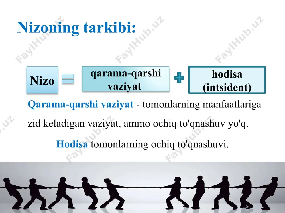 uratorlar, koordinatorlarni tayinlash; 3. umumiy kompleks maqsadlar va yuqori darajadagi vazifalarni belgilash; 4. mukofot tizimi; 5. kerakli buyruqlar, farmoyishlar, ko'rsatmalar va boshqalarni berish; 6. nizolardan "sug'urta" usullari (moliyaviy va moddiy resurslarning zaxiralarini yaratish orqali); 7. qarama-qarshi tomonlarning birlashishi usullari. nizolarni hal etish usullari rahbar uchun nizolarni hal etish strategiyalari nizolarni oldini olish strategiyasi nizolarni hal etish strategiyasi i. nizolarni oldini olish uchun tashkiliy choralar ko’rish i. nizoni bartaraf etishga tomonlarni undash 1. mehnat sharoitlarini yahshilash 1. nizo orqali istalgan narsaga erisha olmaslikning namoyishi 2. resurslarni teng taqsimlash 2. o'z vaqtida yarashtirish yo’llarini tashkillashtirish 3. boshqaruv tuzilmalarini takomillashtirish 3. ma’muriy ta’sir etish usullarida foydalanish 4. qoida va an’analarga rioya etish nazorati 4. hiyla (intriga) tashkilotchilarini aniqlash 5. moddiy va ma’naviy rag’batlantirish 5. barchani yagona maqsad uchun birlashishi ii. maxsus mexanizmlardan foydalanish arbitraj (nizoni oqilona hal etish) muzokara vositachilik stress – inglizcha (stress) so‘zidan оlingan bo‘lib, asabiylik, keskinlik degan ma’nоlarni anglatadi. 4. …