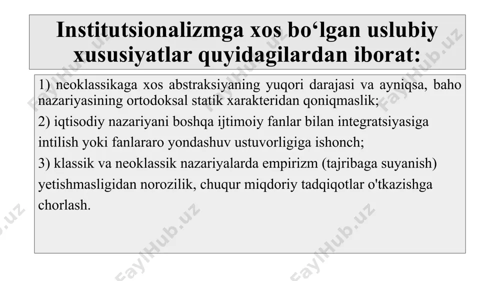 b xató qiladi, ana shular kapitalizm illatlarining sababchisi qilib ko‘rsatiladi. insonlaming iqtisodiy rag‘bati avvalo, qarindoshlik his-tuyg‘usi, bilim va bajarilayotgan ishning yuqori sifatiga instinktiv intilishdir (a.smit - foyda ketidan quvish). bekorchi sinflar to‘g‘risida fikr yuritilib, ularga ≪biznes olami odatlari≫ to‘g‘risidagi o‘ziga xos xususiyatlar ko‘rsatiladi. ular uchun tovarlarga alohida baho belgilanadi va ular talab qonunlaridan boshqacha bo‘lishi mumkin, deyiladi. buni ≪veblen effekti≫ deb ataladi(bu fikrda jon bor, boy mamlakatlarda boylar uchun alohida do‘konlar mavjud). veblen nazariyasi jamiyat sotsial strukturasi to‘g‘risida noto‘g‘ri tushuncha hosil qiladi, jamiyat sinflarga ajratilmaydi, ishchilar va muhandislar yagona sanoatchilar guruhiga kiritiladi, sinfiy kurash tushunchasi esa umuman yo‘q. mavjud tizimni o‘zgartirish to‘g‘risida gapirib, bu masalani veblen ilmiy-texnika inqilobini kuchaytirish, hokimiyatni texnik intelligensiya qo‘liga berish bilan hal etishni taklif qiladi. buning uchun barcha injener-texnik xodimlar umumiy ish tashlashlari kerak, shunda tadbirkorlar ulaming shartlariga ko‘nishga majbur bo‘ladilar. kapitalizm transformatsiyasi ≪texniklar kengashi≫ vositasida bajariladi, hozirgi zamon jamiyatida intelligensiyaning roli birinchi o‘ringa qo'yiladi, ya’ni …