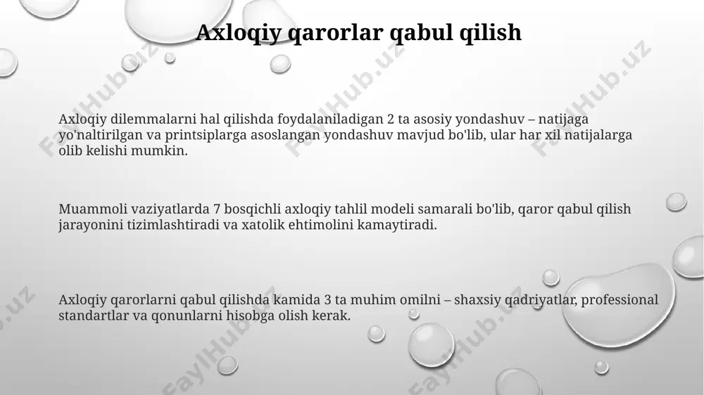 a'zolarning qo'llab-quvvatlashiga bog'liq. kasbiy axloq kodekslari ko'pincha 5 dan 10 gacha asosiy printsiplarni o'z ichiga oladi, jumladan, halollik, ishonchlilik va mijozlarga hurmat kabi muhim jihatlarni belgilaydi. e'tiboringiz uchun rahmat @taqdimot_robot image1.png image2.png image3.png
