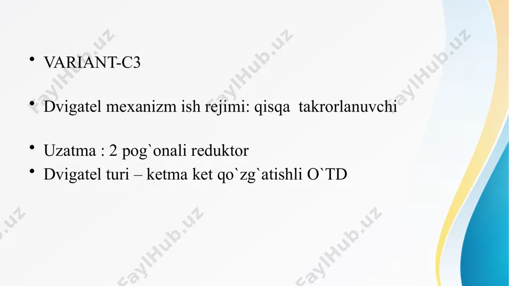 teskari ulab tormozlash. tormozlash xarakteristikalarni hisoblash uchun mexanik xarakteristika tenglamasidan foydalanish mumkin. tormozlashdagi boshlangich tezlik ωt = ωo – mc(rя/c2) =111 – 94(0.17/22)=107 rad/sek bu erda, c =(uh – ih rя)/ωh= (220– 59*0.17)/104.6=2 tormozlash qarshiligi rt == rя + rd = (uh + c ωo)/it =(220 +2*111)/59=7.49 om tormozlash uchun ulanadigan qo’shimcha qarshilik rq = rt – rя =7.49–0.17=7.32 om reverslashdagi tezlik qiymati o`tdni teskari ulab tormozlash xarateristikalari. xulosa men ushbu kurs loyihada ketma ket qo`zg`atishli o`zgarmas tok dvigatel p61 tipdagi elektir dvigatelni yuqoridagi ko’rsatilgan shartlari bo’yicha tabiy mexanik xarakteristikasini ,ishga tushirish xarakteristikasini ,teskari ulab tormizlash xarakteristikasi va dinamik tormozlash xarakteristikalarini shart bo’yicha tekshirdik va uning grafiklarini tekshirdim .o`zgarmas tok dvigatelni ishga tushirish vaqtida ishga tushurish tokning ortib ketmasligi uchun qo’shimcha qarshilik ulab ishga tushirilgan vaqtdagi o’tkinchi jarayonlarining o’zgarishini kuzatdim. bunda elektr dvigatelning mehanik va elektro mehanik harakteristikalarini tezlik tok va mament hisobidan turg’unlika o’tish jarayonini tahlil qildim.bunda tanlagan asinxron …