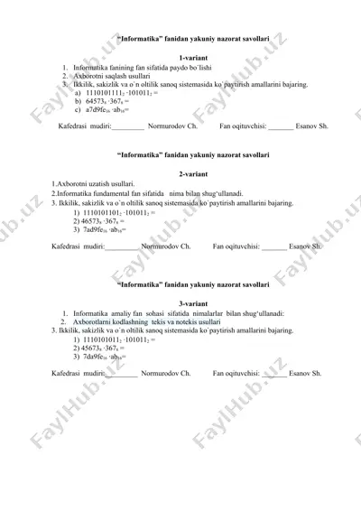 "informatika" fanidan yakuniy nazorat savollari — DOCX