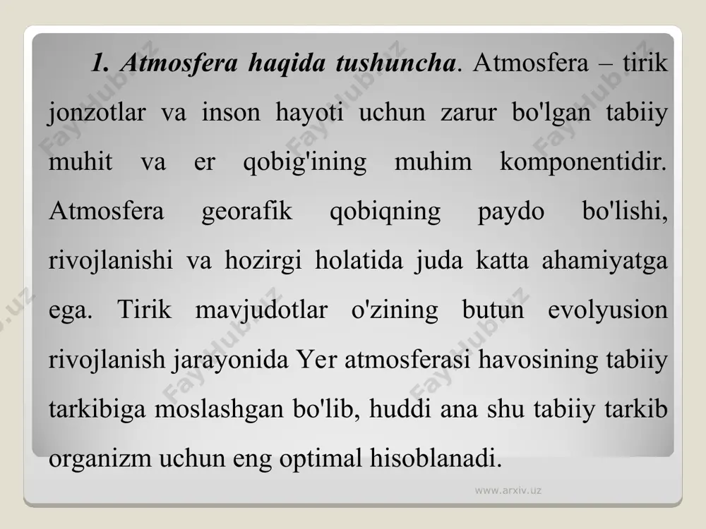 hozirda er kurrasida xo'jalik faoliyati bilan bog'liq holda atmosferaga har yili 500 mln.tonna oltingugurt gazi, sulfat oksidi, azot oksidi, 6,5-7 mlrd. t. karbonat angidrid chiqarilmoqda. shuningdek atmosferaning ifloslanishida va ko'plab kislorodni sarflanishida samolyotlarning ham roli katta. www.arxiv.uz www.arxiv.uz birgina reaktiv samolyot 8 soat ichida amerikadan yevropaga uchib o'tganda 50-100 tonnagacha kislorod yoqadi, ya'ni buni 100 ming gektar o'rmonzor bir kunda chiqarib beradi, bir kosmik kemaning fazoga chiqishi uchun 16 km radiusida ozon qatlami yemiriladi. www.arxiv.uz www.arxiv.uz atmosfera havosining ifloslanishida qishloq xo'jalik ishlab chiqarishining ham hissasi bor, bunda parrandachilik va chorvachilik komplekslari, go'sht kombinatlari, kimyoviy o'g'itlar, zararli ximikatlar ko'proq ta'sir etadi. bulardan tashqari kanalizatsiya shaxobchalaridan, avtomobil g'ildiraklaridan, oyoq kiyimidan, oshxonalardan va boshqalardan chiqqan chang, gazlar, hidlar ham atmosferani ifloslaydi. www.arxiv.uz www.arxiv.uz 3. issiqlik elektr stansiyalari atmosfera havosini ifloslantiruvchi manba sifatida. issiqlik elektr stansiyalari orqali olinadigan elektr quvvati asosan ko'mir, mazut, gaz kabi yoqilg'ilar yonishining hosilasidir. masalan, 1kvt/ soat elektr quvvati olish …