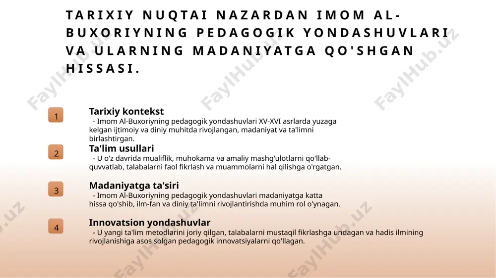 uhokama usullari orqali hadislarni chuqurlashtirishga imkon yaratadi. ta’limdagi muhim prinsiplar imam al-buxoriyning ta’lim prinsiplarida ishonch, aniq xulosalar, nazariy va amaliy yondashuvlar muhim o‘rin tutadi, bu hadis ilmidan samarali foydalanishni ta’minlaydi. rivojlanishdagi roli imam al-buxoriyning ta’lim metodlari hadis ilmining rivojlanishida yangi yo‘nalishlar ochdi, ilmiy yutuqlar va metodik yangiliklarni shakllantirdi. imom al-buxoriyning ta’lim usullari va hadis ilmi uchun olib kelgan innovatsiyalari 1 ta’lim metodlarining innovatsiyalari - imom al-buxoriyning ta’lim usullari an’anaviy yondashuvlarni rivojlantirib, o‘quv jarayonini samarali qilish uchun yangi metodlar va texnikalarni joriy etdi. 2 interaktiv o‘rgatish usullari - u hadis ilmi va ta’limida suhbatlar, muhokamalar va savol-javoblar orqali talabalar faol ishtirokini ta’minlab, bilimlarni chuqurroq egallashga yordam berdi. 3 mahoratli metodlar - imom al-buxoriyning metodlari muhokama va tahlil qilishga asoslangan bo‘lib, hadislarni aniq va ravon tushunish uchun amaliy yondashuvlarni ishlab chiqdi. 4 innovatsion texnologiyalar - uning ta’limda innovatsiyalar sifatida yozma va yozmas metodlarni birgalikda qo‘llash, hadis ilmi rivojlanishiga va yangi avlodga oson …