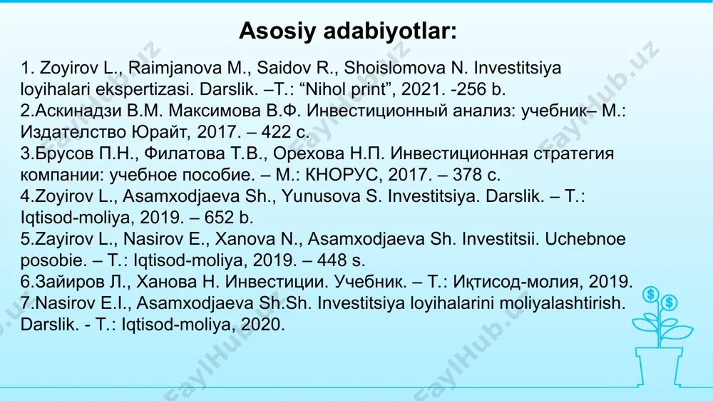 investitsiya loyihasining hayotiyligi bosqichlarini va tahlil natijasiga ko’ra keladigan daromadini aniqlashni belgilab berishi ta’kidlab o’tilgan. investitsiya loyihalarini ekspertiza qilish, nafaqat, ularning amalga oshirilishi va samaradorligini ta’minlash, balki, bugungi murakkab hayotimizning eng muhim ajralmas qismlaridan biriga aylanganligi bilan ushbu fanni o’rganishning ahamiyatini ko’rishi mumkin. «investitsiya loyihalari ekspertizasi» fanining predmetini investitsiya loyihalarini ekspertiza qilish bilan bog’liq bo’lgan moliyaviy-iqtisodiy munosabatlar tashkil qiladi. «investitsiya loyihalari ekspertizasi» fanining maqsadi va vazifalari va maqsad “investitsiya loyihalari ekspertizasi” fanini o’qitishdan maqsad – talabalarda investitsiya loyihalarining ekspertizasini amalga oshirish bo’yicha zaruriy bilim, malaka va ko’nikmalarni shakllantirish. vazifa «investitsiya loyihalari ekspertizasi» fanining vazifasi talabalarda fan bo’yicha nazariy-amaliy bilimlarni uzviylik va uzluksizlikda o’rgatishdan iborat demak, fanni o’qitishning maqsadi talabaning investitsiya loyihalari moliyaviy-iqtisodiy, texnik, tijorat va boshqa samaradorligini baholash yuzasidan nazariy-amaliy bilimlarini oshirish, ular bo’yicha asosiy ko’nikmalar hosil qilishdan, vazifasi esa, investitsiya loyihalarini ekspertiza qilishning nazariy, uslubiy va amaliy asoslarini o’rgatish va talaba bilimini yanada chuqurlashtirishdan iborat bo’ladi. “investitsiya loyihalari ekspertizasi” …