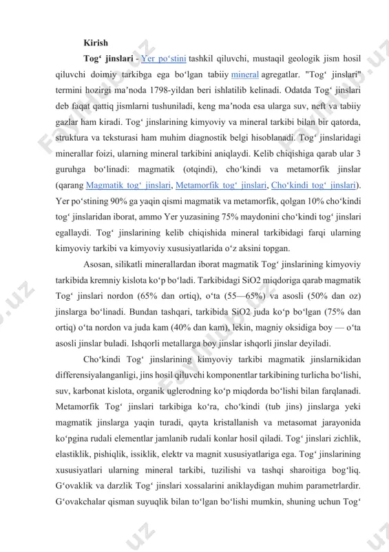 organik uglerodning koʻp miqdorda boʻlishi bilan farqlanadi. metamorfik togʻ jinslari tarkibiga koʻra, choʻkindi (tub jins) jinslarga yeki magmatik jinslarga yaqin turadi, qayta kristallanish va metasomat jarayonida koʻpgina rudali elementlar jamlanib rudali konlar hosil qiladi. togʻ jinslari zichlik, elastiklik, pishiqlik, issiklik, elektr va magnit xususiyatlariga ega. togʻ jinslarining xususiyatlari ularning mineral tarkibi, tuzilishi va tashqi sharoitiga bogʻliq. gʻovaklik va darzlik togʻ jinslari xossalarini aniklaydigan muhim parametrlardir. gʻovakchalar qisman suyuqlik bilan toʻlgan boʻlishi mumkin, shuning uchun togʻ jinslarining xossalari kattik., gazsimon va suyuq fazalarning xususiyatlari va ularning nisbiy miqdoriga ham bogʻliq. gʻovaklik va darzlik togʻ jinslarini neft va suv kollektori sifatida baqolashda, hamda ularning buloqqa, burgʻi qudugʻi va boshqalarga oqib kelish tezligini aniklashda muhimdir. togʻ jinslarining namlik va gaz sigʻimi, suv va gaz oʻtkazuvchanligi ham ularning gʻovakliligi bilan aniqlanadi. magmatik togʻ jinslarida gazli boʻshliklar miqdori 60— 80% ga yetadi (mas., pemza va pemza tuflari). choʻkindi togʻ jinslarida choʻkindi hosil boʻlish jarayonida gʻovakchalar …