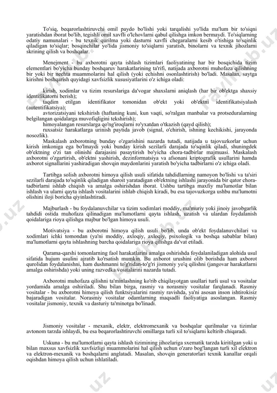 orlar uchun kirish imkoniga ega bo'lmaydi yoki bunday kirish sezilarli darajada to'sqinlik qiladi, shuningdek ob'ektning o'zi tan olinishi darajasini pasaytirish bo'yicha chora-tadbirlar majmuasi. maskalash axborotni o'zgartirish, ob'ektni yashirish, dezinformatsiya va afsonani kriptografik usullarini hamda axborot signallarini yashiradigan shovqin maydonlarini yaratish bo'yicha tadbirlarni o'z ichiga oladi. tartibga solish axborotni himoya qilish usuli sifatida tahdidlarning namoyon bo'lishi va ta'siri sezilarli darajada to'sqinlik qiladigan sharoit yaratadigan ob'ektning ishlashi jarayonida bir qator chora-tadbirlarni ishlab chiqish va amalga oshirishdan iborat. ushbu tartibga maxfiy ma'lumotlar bilan ishlash va ularni qayta ishlash vositalarini ishlab chiqish kiradi, bu esa tajovuzkorga ushbu ma'lumotni olishini iloji boricha qiyinlashtiradi. majburlash - bu foydalanuvchilar va tizim xodimlari moddiy, ma'muriy yoki jinoiy javobgarlik tahdidi ostida muhofaza qilinadigan ma'lumotlarni qayta ishlash, uzatish va ulardan foydalanish qoidalariga rioya qilishga majbur bo'lgan himoya usuli. motivatsiya - bu axborotni himoya qilish usuli bo'lib, unda ob'ekt foydalanuvchilari va xodimlari ichki tomondan (ya'ni moddiy, axloqiy, axloqiy, psixologik va boshqa …
