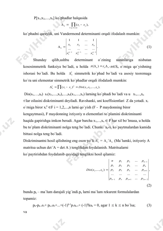 dis (s1,...,sn) lar uchun oshkor ifodalarni hosil qilamiz xususan, p1= s1, p2 = s12-2s2, u holda (4) ildizlari c1,c2,....,cn lar biror р maydondan yoki uning biror kengaytmasi.f maydondan olingan unitar f(x) = xn + a1xn-1 +....+an-1x + an (p[x] ko`phad berigan bo`lsin. ma`lumki, viet formulasiga ko`ra, ak= (-1)ksk(c1,c2,...,cn). ta`rif. f ko`phadning с1,....,cn ildizlari to`plami diskriminanti dis(s1,...,sn) da sk lar o`rinlariga mos ravishda (-1)kak larni qo`yishdan hosil bo`lgan ifodaga f ko`phadning diskriminanti deyiladi va d(f) deb belgilanadi. u f(x) = xn + a1xn-1 +....+ an-1x + an = 0. (5) algebraic tenglamaning diskriminanti ham deb ataladi.ravshanki, d(f) (p . tasdiq. d(f) = 0 bo`lganda va faqat shu holdagina (5) tenglama karrali ildizga ega bo`ladi( ya`ni birorta ildizining karraligi k > 1 bo`ladi). (4) formulani kvadrat uchhadga qo`llash mumkin: f(x) = x2 +ax+b bunda a, va b lar haqiqiy sonlar, u holda d(f) = a2 - 4b – bo`ladi, bu bizga elementar …