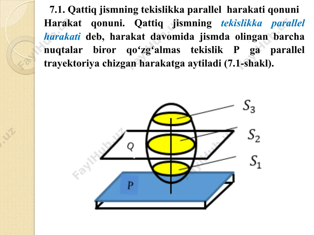 lum boʻlib, b nuqtasining tezligini aniqlash talab etilsin (7.3-shakl). yuqorida isbot etilgan teoremaga asosan, demak, tekis shakl ixtiyoriy nuqtasining tezlik vektori qutb nuqtaning ilgarilanma harakatdagi tezligi va qutb atrofidagi aylanma harakat tezliklarining vektor yigʻindisidan iborat ekan (7.5-shakl). 2) proyeksiyalar usuli: amaliy masalalar yechishda (7.3) vektor tenglamani qoʻllash bir qancha qiyinchiliklarga olib keladi. shuning uchun (7.3) ifodani ab chiziqdan oʻtgan oʻqqa proyeksiyalab, demak, a va b nuqtalarning tezlik vektorlarining mazkur nuqtalardan oʻtgan oʻqqa proyeksiyalari oʻzaro teng ekan. 3) tezliklar oniy markazi usuli. tekis parallel harakatdagi jism nuqtalari tezligini aniqlashning yana bir sodda usuli tezliklar oniy markazi usuli hisoblanadi. tekis parallel harakatdagi jism qisqa vaqt oraligida biror markaz atrofida aylanishi mumkin. aylanish nuqtasini topib, bu nuqtani qutb nuqta sifatida qabul qilib, qolgan nuqtalarining tezliklarini aniqlaymiz. qisqa (oniy) vaqt ichida tezligi noʻlga teng boʻlgan nuqtaga tezliklar oniy markazi yoki oniy aylanish markazi deb ataladi. tezliklar oniy markazi geometrik usulda, quyidagi koʻrinishlarda aniqlanadi: a) …