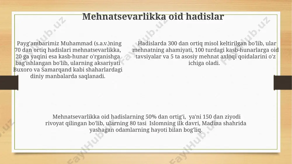 iy va muslim kabi 2 ta yirik to'plamida saqlanib qolgan 7000 dan ortiq rivoyatlar, islom ta'limi metodologiyasini shakllantirishda muhim rol o'ynaydi, shuningdek, tarbiyaviy maqsadlar uchun 5 asosiy tamoyilni taqdim etadi. oila va jamiyatga oid hadislar пайғамбаримиз муҳаммад (с.а.в.)нинг ҳадисларида 4 та асосий оилавий асос – меҳр-муҳаббат, ҳурмат, сабр ва ўзаро ёрдам берилиши таъкидланиб, буларнинг жамиятдаги барқарорликка таъсири 10 тадан ортиқ ҳадисда батафсил баён этилган. саҳиҳ бухорий ва саҳиҳ муслимдаги ҳадисларда 150 га яқин ҳадисда жамоат ишларига, 50 дан ортиқ ҳадисда эса қўшничилик муносабатларига алоҳида эътибор берилган бўлиб, бу ҳадислар басра ва куфа каби шаҳарлардаги ҳаёт тарзига оид мисоллар билан бойитилган. имом бухорийнинг "ал-адаб ал-муфрад" китобида 70 дан ортиқ ҳадислар оилавий муносабатларга, 30 дан ортиқ ҳадис эса жамиятдаги адолатли муносабатларга бағишланган бўлиб, буларнинг аксарияти мадина шаҳридаги воқеаларга таяниб келтирилган. hadislarning tarbiyaviy jihatlari hadislarning 40 dan ortiq turi mavjud bo'lib, ularning 20 foizi bolalar tarbiyasi, 10 foizi esa oilaviy munosabatlarga oid masalalarga …